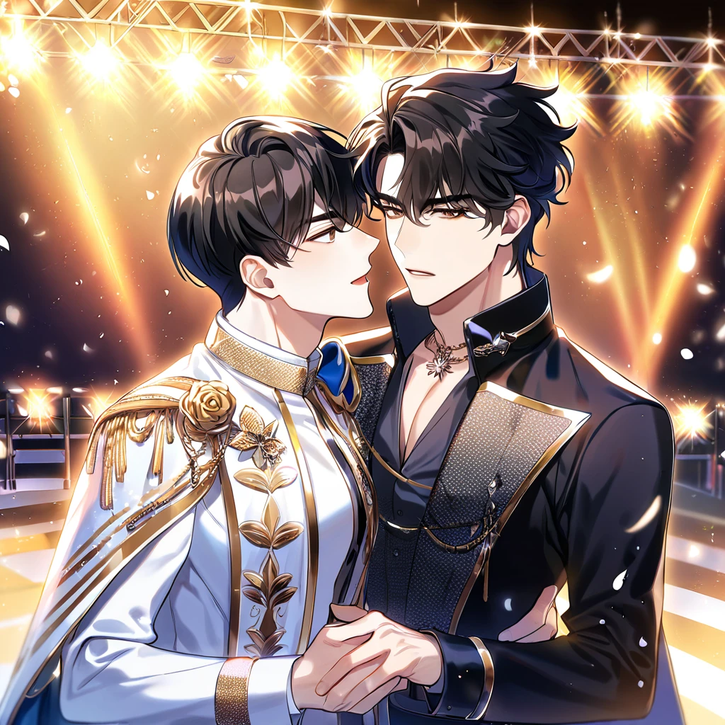(absurdres, highres, ultra detailed, HDR) master piece, best quality, perfect face, delicated features, black straight hair, with bangs, Kim Dokja x Yoo Joonghyuk, expressive brown eyes, Omniscient reader's viewpoint, two men together, handsome, gay couple, yaoi, toned chest, white idol clothes with accessories, idol, patterns, cape, stage, lights, shining, flowers