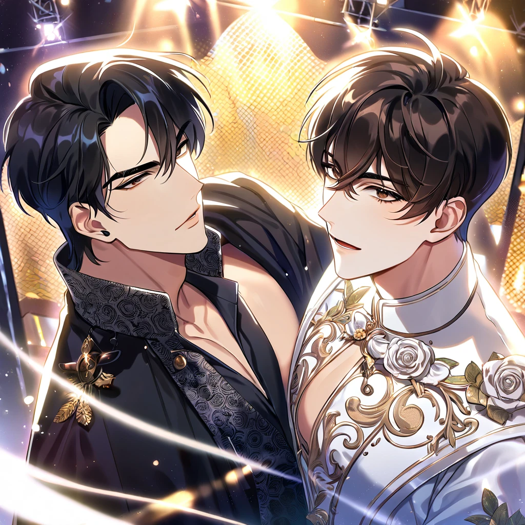 (absurdres, highres, ultra detailed, HDR) master piece, best quality, perfect face, delicated features, black straight hair, with bangs, Kim Dokja x Yoo Joonghyuk, expressive brown eyes, Omniscient reader's viewpoint, two men together, handsome, gay couple, yaoi, toned chest, white idol clothes with accessories, idol, patterns, cape, stage, lights, shining, flowers