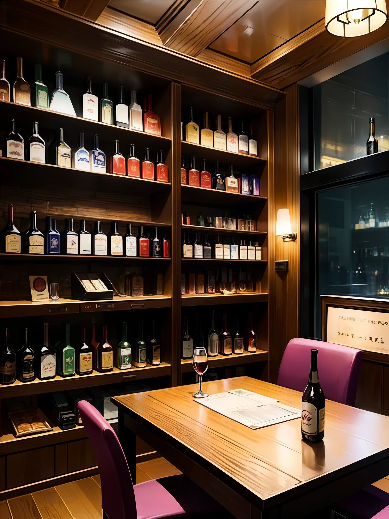 Calm atmosphere、Drinking party for working adults、Tavern、cigarette草、cigarette、Wine Bottle、A wide variety of alcohol、cheers、beer mug、Chairs and desks、break、chugging、Trumpet drinking、wine cellar