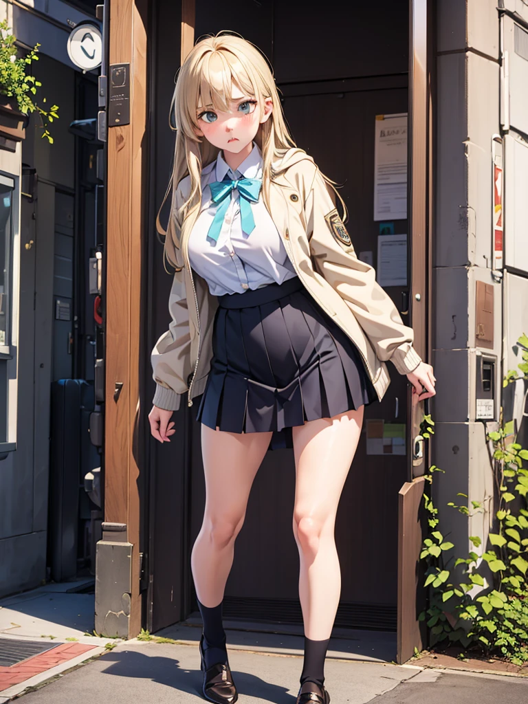 1 masterpiece, perfect image, perfectly intricatey face, (((full body))), standing, legs apart. 8k quality, fine details. 1 girl, alone, mature woman, 26 years old long blonde hair, slanted eyes, medium eyes, aquamarine eyes, medium breasts, thick thighs. skirt, jacket , open jacket, hood, jacket, anemo style  clothing. Looking at the viewer embarrassed, (((very exaggerated pout))), (((pouting))), puffy cheeks exaggerated, hugging  breasts. Accidental exposure, lifting skirt, upskirt, white panties, public indecency, exhibitionism. 