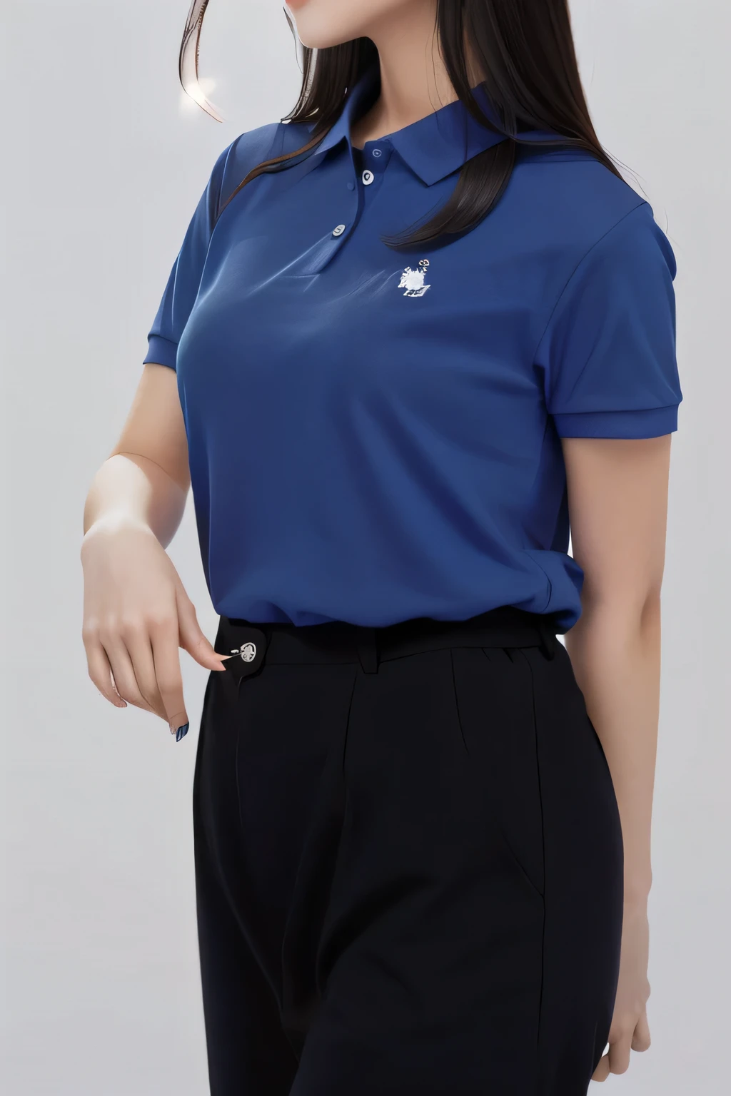 1girl,dark blue polo shirt