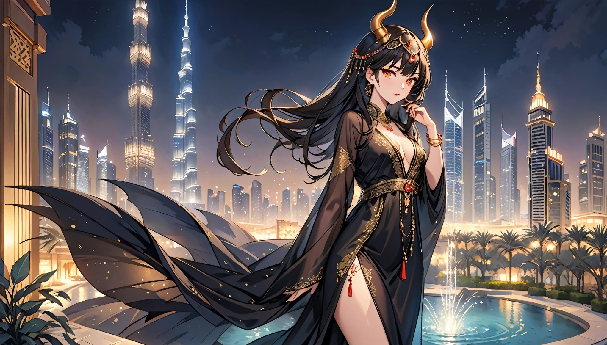 A seductive succubus with long black hair, amber eyes, and bronzed skin. She has a tall and graceful figure with Middle Eastern charm, small golden horns, and black bat wings. She is wearing a luxurious Arabian-style gown (abaya) in gold and black with intricate embroidery and beadwork, featuring a high slit. She is adorned with traditional Middle Eastern jewelry, including a headpiece and bangles. The succubus occupies most of the frame, standing prominently. The background is a modern Dubai skyline with skyscrapers and night lights, or a luxurious Dubai palace with mosaic inlays and fountains."
