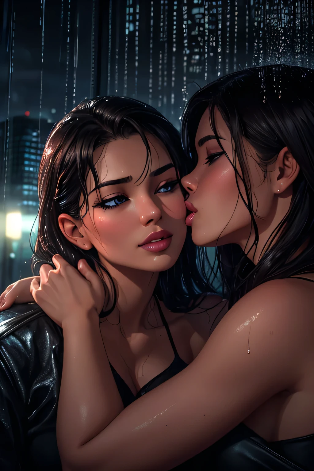 (best quality,4k,8k,highres,masterpiece:1.2),ultra-detailed,(realistic,photorealistic,photo-realistic:1.37),intense kissing,passionate kisses,rainy night,aggressive,sexy,showering rain outside,car interior,two young women,tight embrace,passionate lips touching,embracing each other,deeply in love,tangled in desire,wet hair,moist lips,pulsating desire,seductive aura,heat rising,steamy windows,blurred city lights,entwined tongues,twisted passion,wild romance,ferocious connection,unabashed desire,sensual curves,pleasure in darkness,foggy car windows,seductive ambiance,breathless kisses,sensuous atmosphere,erotic energy,erupting passion,uninhibited emotions