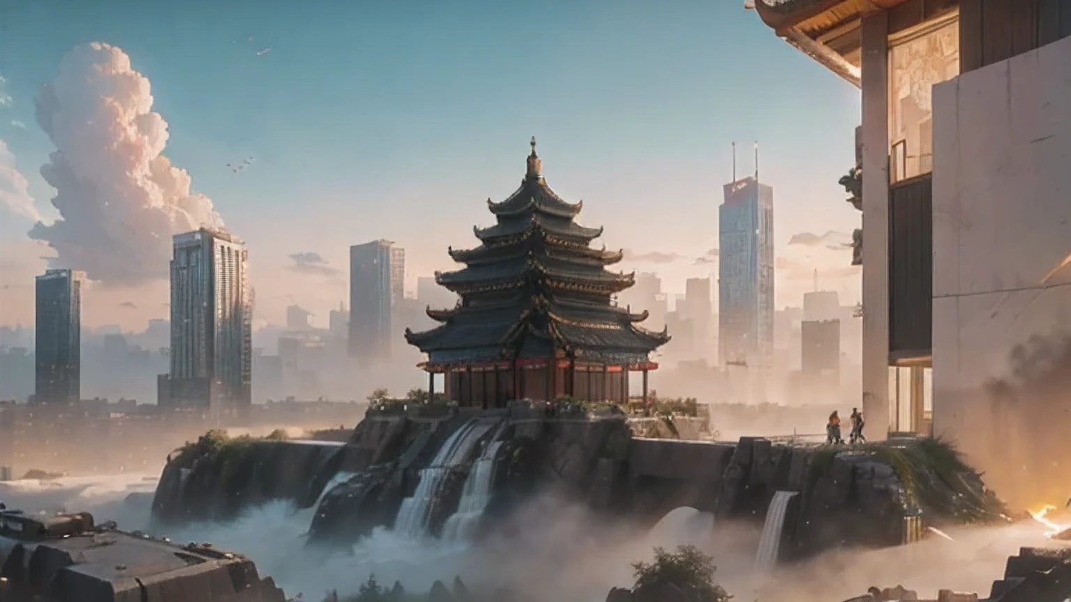 buildings in a city with a pagoda in the middle of the city, cyberpunk chinese ancient castle, stylized urban fantasy artwork, dreamy chinese town, concept art , highly rendered, game art matte painting, matte painting 4k 8k, cinematic. by leng jun, in a tropical and dystopic city, 8k matte painting, 8 k matte painting,(((cyberpunk)))