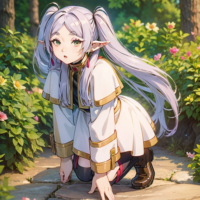 A woman in a dress kneeling on the ground, Long Hair, blush, bangs, Long sleeve, Twin tails, Green Eyes, teeth, flower, Gray Hair, Black Pantyhose, Earrings, boots, Outdoor, Lips parted, Day, Pointy Ears, belt, White Dress, wood, black pantyhose, Capelet, Brown footwear, knee boots, grteeth, Fairy, nature, forest, white Capelet,((Her skirt is flipped up)),On all fours,Underwear is visible,Angle from the buttocks,Ass close up,Eyes meet,NSFW.