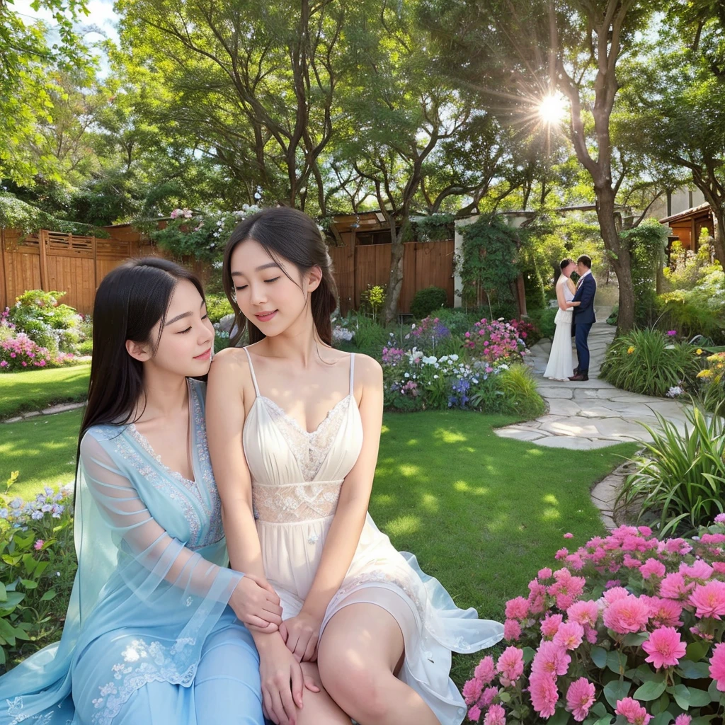 (a couple in love,romantic relationship:1.1),sunlit garden,happy emotions,beautiful sunset,soft lens flare,medium:oil painting,delicate brushwork,vivid colors,realistic skin tones,natural poses,nice outfits,gentle touch,whispering sweet nothings,loving gazes,laughter in the air,sparkling eyes,blissful expressions,gentle breeze,hint of blush,sweet memories in the making,warm sunlight streaming through foliage,creating a dreamy atmosphere,saturated colors,intimate composition,subtle texture,soft edges,subdued lighting,impressionistic details,harmony of warm and cool tones,graceful gestures,serene atmosphere,majestic trees,cascading flowers,dappled light and shadow,whisper of wind,radiating love and joy,HDR effect,high-res details,ultra-detailed faces and expressions,a magical moment frozen in time