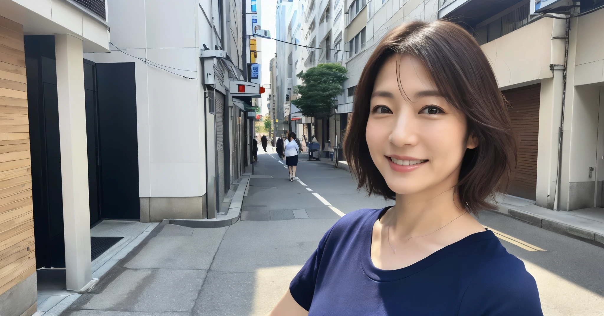 mature japanese woman,50 years old,wrinkles around the eyes,smile,looking at viewer,short sleeves,t-shirt,one person,white half-sleeved T-shirt,high quality,4k,Natural skin texture,city background,