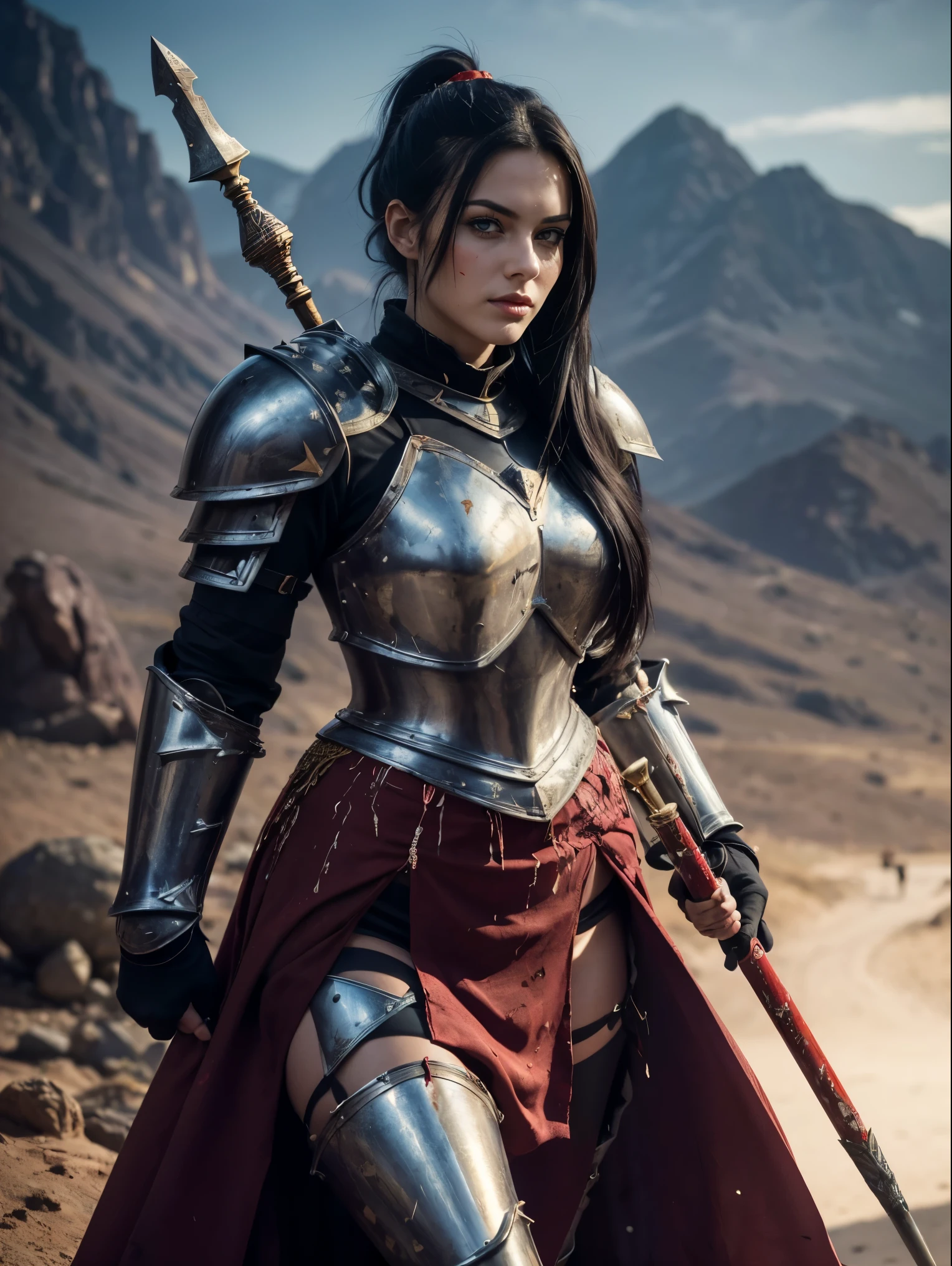 (masterpiece, top quality, best quality, official art, beautiful and aesthetic:1.2), (1girl:1.3), ((Sharp facial features, sharp features, hawkish features)), ((pale skin, orange eyes, big hair, long black hair, ponytail)), busty chaos warrior girl, extremely detailed, portrait, looking at viewer, solo, (full body:0.6), detailed background, full-body shot, (hot desert mountain theme:1.1), chaos warrior, (helmet), charlatan, smirk, mysterious, swaying in mountains, armor, red metal, brass trim, long boots, blood red fabric, pelvic curtain, loincloth, black leather, ((((spear, heavy armor, blood, blood splatter, armored, long legs, pelvic curtain, toned, muscular)))), slim waist, slim hips, long legs, medieval (mountain exterior:1.1) background, dark mysterious lighting, shadows, magical atmosphere, dutch angle