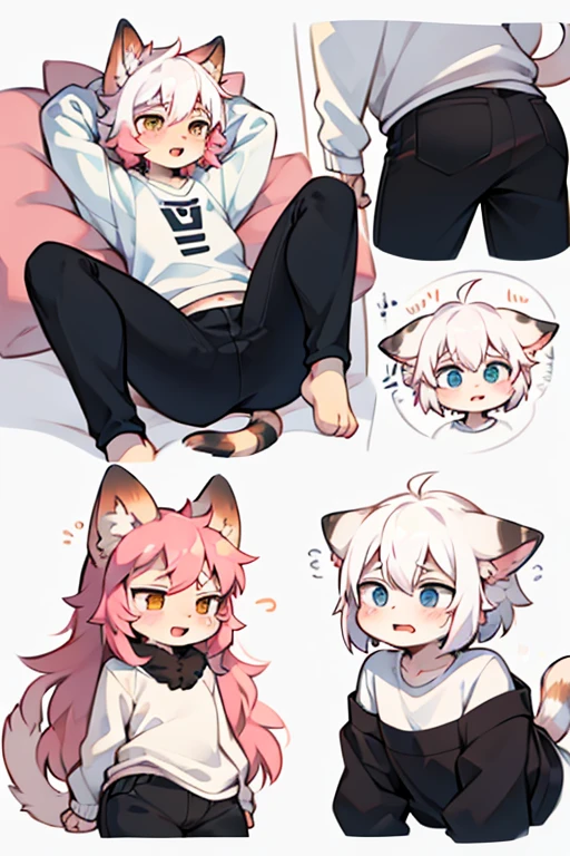 Cat，Five emoticons（Speechless，Wronged，angry，surprise，Acting cute），comics，hairy，hairy的，Bust Avatar，White sweatshirt with colorful pattern，Black casual pants，White Stripes，Q version，Lovely，simple art style，Cartoon Style，yawn，tension，ears red hair, White hair on ear tips，Pink hair on back，tail blue，Tip white，