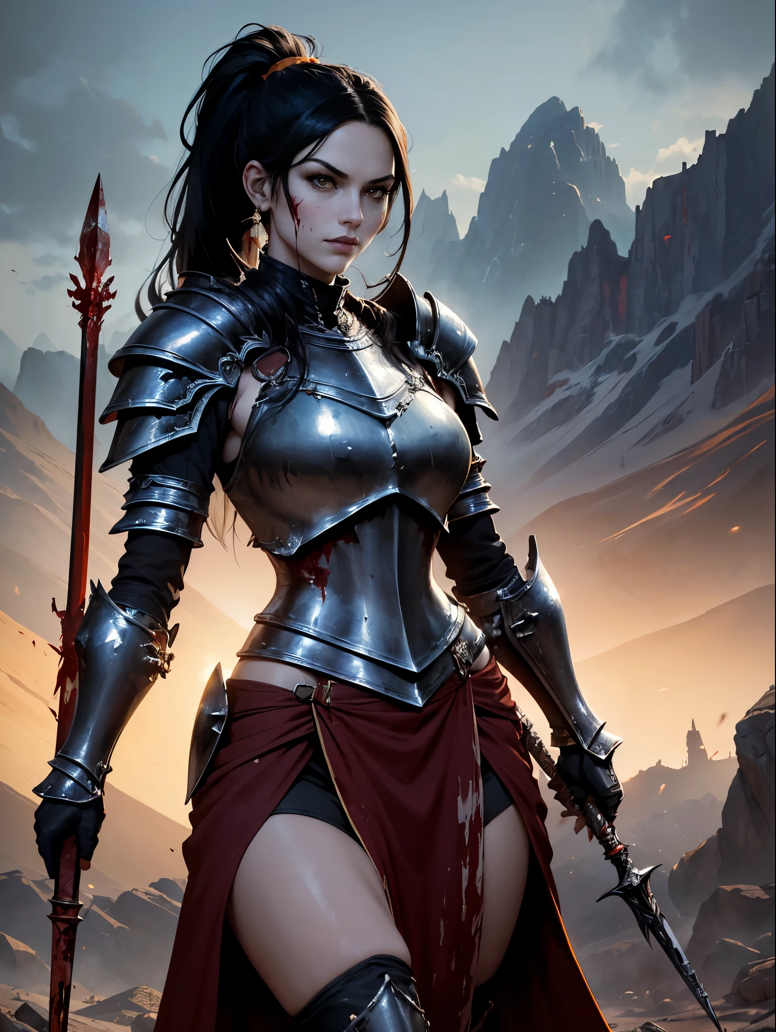 (masterpiece, top quality, best quality, official art, beautiful and aesthetic:1.2), (1girl:1.3), ((Sharp facial features, sharp features, hawkish features)), ((pale skin, orange eyes, big hair, long black hair, ponytail)), busty chaos warrior girl, extremely detailed, portrait, looking at viewer, solo, (full body:0.6), detailed background, full-body shot, (hot desert mountain theme:1.1), chaos warrior, (helmet), charlatan, smirk, mysterious, swaying in mountains, armor, red metal, brass trim, long boots, blood red fabric, pelvic curtain, loincloth, black leather, ((((spear, heavy armor, blood, blood splatter, armored, long legs, pelvic curtain, toned, muscular)))), slim waist, slim hips, long legs, medieval (mountain exterior:1.1) background, dark mysterious lighting, shadows, magical atmosphere, dutch angle