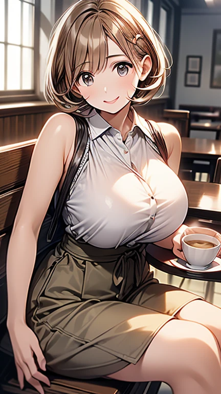16k、masterpiece、High resolution、high resolution、High definition、30-year-old woman、short hair、Very large breasts、((Sleeveless white shirt))、smile、blush、Pink lip gloss、Very close、Cafe
