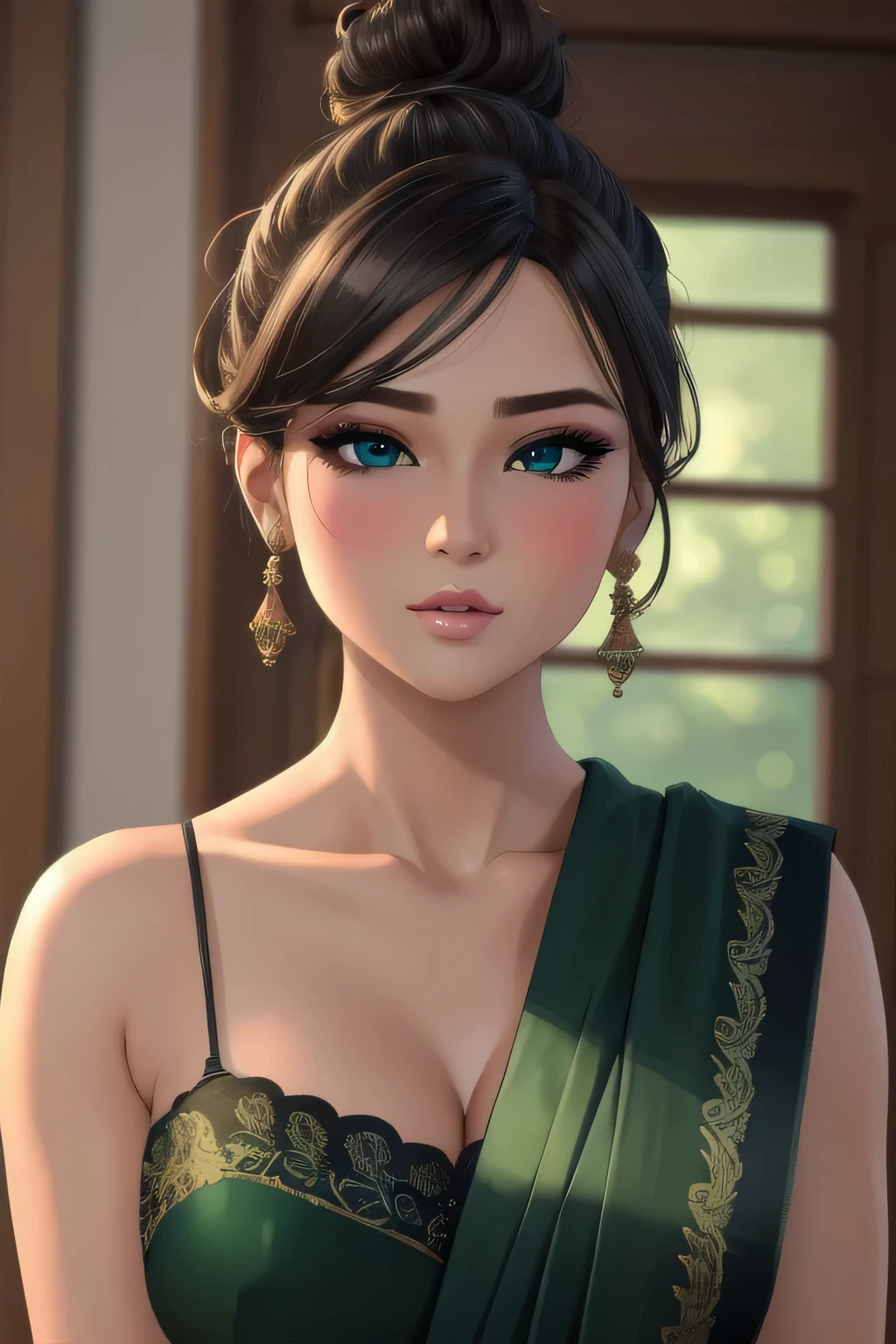 (best quality, 4k, highres, masterpiece:1.2), ultra-detailed, realistic:1.37, portraits, vivid colors, sharp focus, studio lighting, physically-based rendering, extreme detail description, sexy woman, beautiful detailed eyes, beautiful detailed lips, messy bun, amazing makeup, intense blush, flustered, lustful expression, black blouse, sheer dark green saree, hot