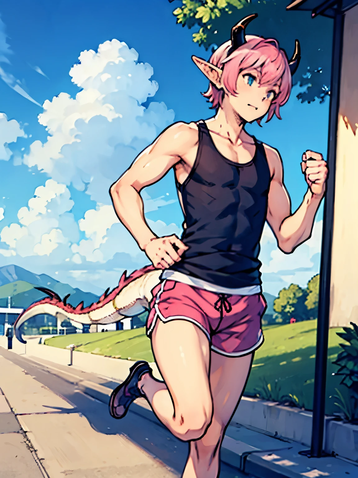 One femboy with dragon horns and tail pink hair and elf ears dressed in a track shorts and tank top running 