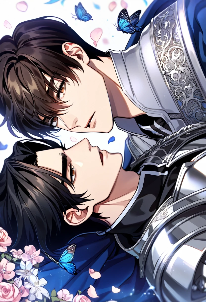 (absurdres, highres, ultra detailed, HDR) master piece, best quality, perfect face, delicated features, black straight hair, with bangs, Kim Dokja x Yoo Joonghyuk, expressive brown eyes, Omniscient reader's viewpoint, two men together, handsome, gay couple, yaoi, silver armor, blue cape, knight, magical, petals, flowers, butterflies