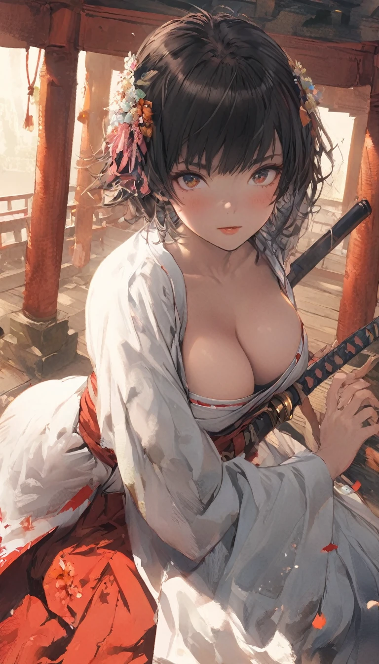 8k_wallpaper, extremely detailed eyes, extremely detailed body, (large masterpiece digital art), (detailed manga illustration), (detailed line art), ((perfect anatomy)), (intricate details:1.3), (ultra-detailed:1.3), (illustration:1.3), (sharp focus:1.3), (natural lighting:1.05), (vivid colors:1.3), (masterpiece), best quality, expressive eyes, perfect face, 1 girl, breasts, cleavage, gloves, large breasts, sarashi, traditional clothes, cerulean clothes, black hair, short hair, messy hair, dark brown eyes, hourglass physique, loose-fitting pants, dynamic pose, large ass, pale skin, shrine maiden, tomboy, combat boots
