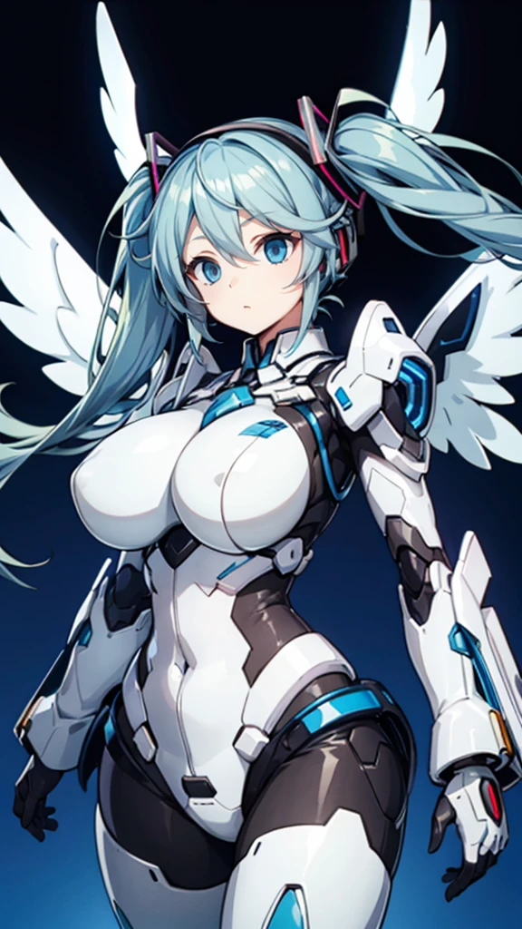 hatunemiku VOCALOID, twin tails, light blue eyes, light blue hair, huge breasts, Angel wing, mecha girl,