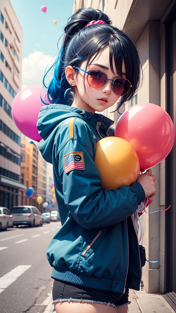 girl, Beautiful and lovely, Wearing blue sunglasses, jacket, White sweatshirt, lots of Colorful balloons, baby face, Chibi style, red and blue two-color hair, Ponytail, Eyes with perfect details, Delicate face, Perfect CG, HD picture quality, Colorful balloons, Sky, A white truck is parked in front of a building, --automatic