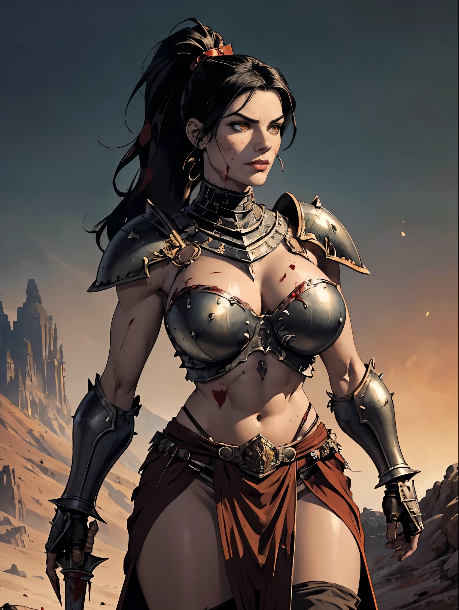 (masterpiece, top quality, best quality, official art, beautiful and aesthetic:1.2), (1girl:1.3), ((Sharp facial features, sharp features, hawkish features)), ((pale skin, orange eyes, big hair, long black hair, ponytail)), big tiddy chaos warrior girl, extremely detailed, portrait, looking at viewer, solo, (full body:0.6), detailed background, full-body shot, (hot desert mountain theme:1.1), chaos warrior, (spiky helmet), charlatan, smirk, mysterious, swaying in mountains, armor, red metal, brass trim, long boots, blood red fabric, pelvic curtain, loincloth, black leather, ((((spear, heavy armor, blood, blood splatter, armored, gigantic breasts, long legs, pelvic curtain, toned, muscular)))), cute belly button, toned tummy, slim waist, slim hips, long legs, medieval (mountain exterior:1.1) background, dark mysterious lighting, shadows, magical atmosphere, dutch angle