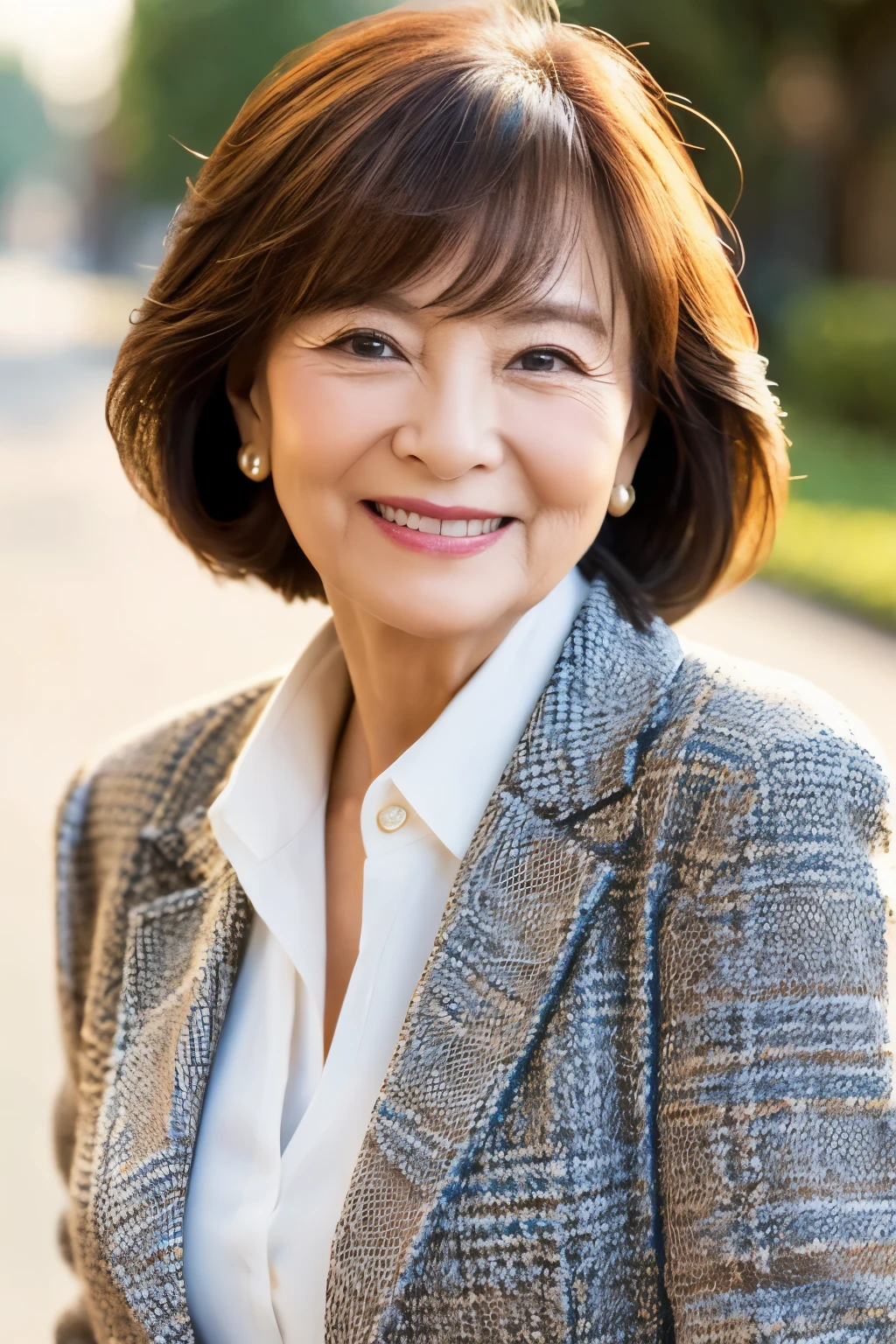 67 years old、smile、beautiful、high class clothes, classy、Shining eyes、stare、