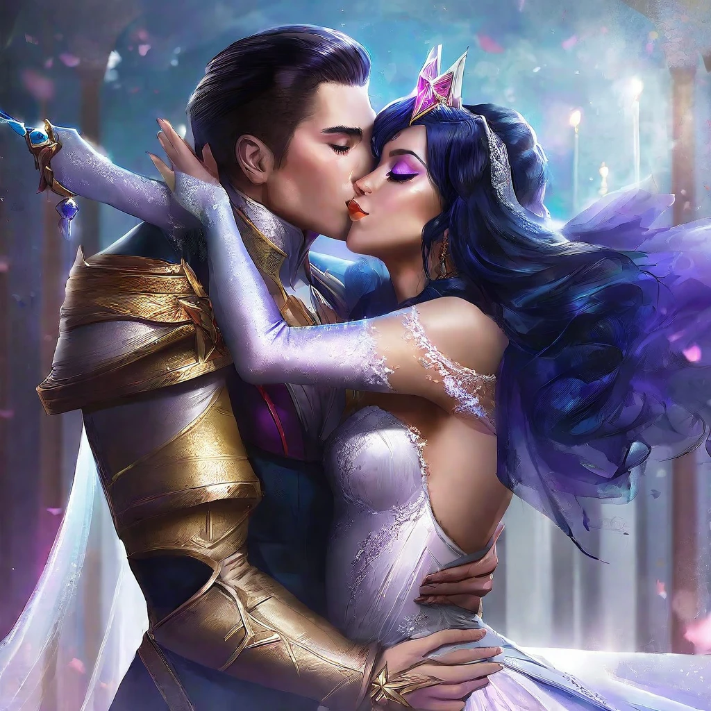 (tight embrace,affectionate hug:1.2)Titans Raven and Starfire (kissing,smooching:1.1)passionately amid their (romantic,wedding photo:1.1)session, wearing (sexy,alluring:1.2) super hero themed wedding dresses. The scene is (filled,packed:bustling) with a (massive,huge,enormous) crowd (cheering,celebrating) their (beautiful,love-filled:blessed) union. The bride's eyes sparkle with (admiration,affection) as the groom's lips tenderly brush against hers. The atmosphere is (electric,exciting) and (overflowing,abounding) with (joy,happiness), capturing the vibrant (energy,aura) of this (momentous,special) occasion. The medium employed to create this artwork is (masterful,exquisite) illustration, crafted with meticulous attention to detail. The textures are (rich,luxurious) and the colors are vibrant, accentuating the radiance of the scene. The lighting is soft and (romantic,ethereal), casting a subtle glow on the couple, emphasizing their love and creating a dreamlike atmosphere. The artwork is of the (highest quality,masterpiece:1.2), offering incredible (detail,precision) and (clarity,sharpness). Each stroke of the brush is meticulously placed, resulting in an ultra-detailed, (realistic,photo-realistic:1.37) portrayal of this cherished moment. The image is captured in (highres,4k:1.2), allowing for every nuance and expression to be visible. The overall artistic style of this piece is a blend of (romanticism,fantasy), with elements of (elegance,sophistication). It beautifully captures the essence of (love,romance) in a (super hero,fantasy) setting, providing a unique and captivating interpretation of this (celebratory,joyous) occasion. The color palette used in this artwork is a combination of (bold,vibrant) tones, with hints of (pastel,soft) hues. The colors are carefully selected to evoke a sense of (passion,excitement) and (femininity,beauty), enhancing the overall aesthetic of the image. The (dreamy,soft) lighting illuminates the scene, casting gentle shadows and