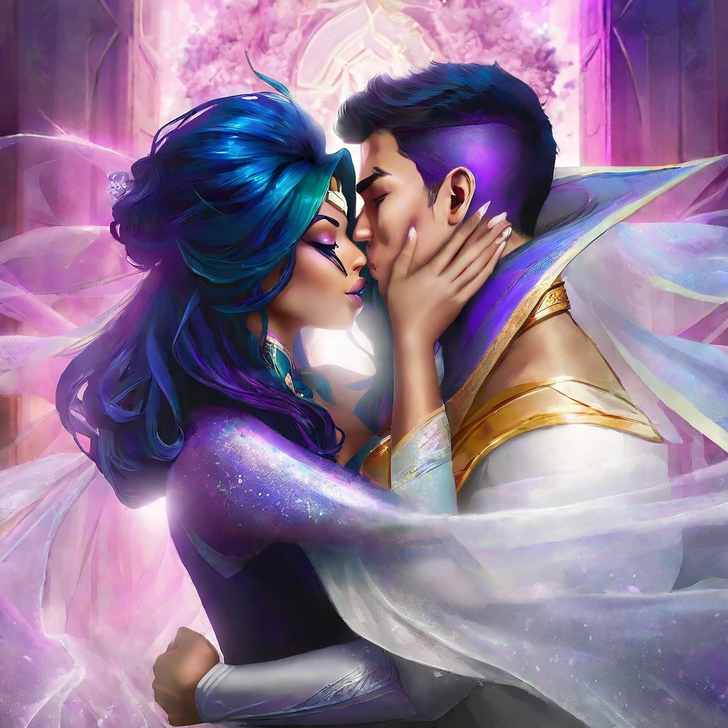 (tight embrace,affectionate hug:1.2)Titans Raven and Starfire (kissing,smooching:1.1)passionately amid their (romantic,wedding photo:1.1)session, wearing (sexy,alluring:1.2) super hero themed wedding dresses. The scene is (filled,packed:bustling) with a (massive,huge,enormous) crowd (cheering,celebrating) their (beautiful,love-filled:blessed) union. The bride's eyes sparkle with (admiration,affection) as the groom's lips tenderly brush against hers. The atmosphere is (electric,exciting) and (overflowing,abounding) with (joy,happiness), capturing the vibrant (energy,aura) of this (momentous,special) occasion. The medium employed to create this artwork is (masterful,exquisite) illustration, crafted with meticulous attention to detail. The textures are (rich,luxurious) and the colors are vibrant, accentuating the radiance of the scene. The lighting is soft and (romantic,ethereal), casting a subtle glow on the couple, emphasizing their love and creating a dreamlike atmosphere. The artwork is of the (highest quality,masterpiece:1.2), offering incredible (detail,precision) and (clarity,sharpness). Each stroke of the brush is meticulously placed, resulting in an ultra-detailed, (realistic,photo-realistic:1.37) portrayal of this cherished moment. The image is captured in (highres,4k:1.2), allowing for every nuance and expression to be visible. The overall artistic style of this piece is a blend of (romanticism,fantasy), with elements of (elegance,sophistication). It beautifully captures the essence of (love,romance) in a (super hero,fantasy) setting, providing a unique and captivating interpretation of this (celebratory,joyous) occasion. The color palette used in this artwork is a combination of (bold,vibrant) tones, with hints of (pastel,soft) hues. The colors are carefully selected to evoke a sense of (passion,excitement) and (femininity,beauty), enhancing the overall aesthetic of the image. The (dreamy,soft) lighting illuminates the scene, casting gentle shadows and
