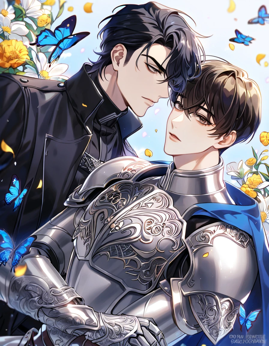 (absurdres, highres, ultra detailed, HDR) master piece, best quality, perfect face, delicated features, black straight hair, with bangs, Kim Dokja x Yoo Joonghyuk, short hair, expressive brown eyes, Omniscient reader's viewpoint, two men together, handsome, gay couple, yaoi, silver armor, blue cape, knight, magical, petals, flowers, butterflies, flowers