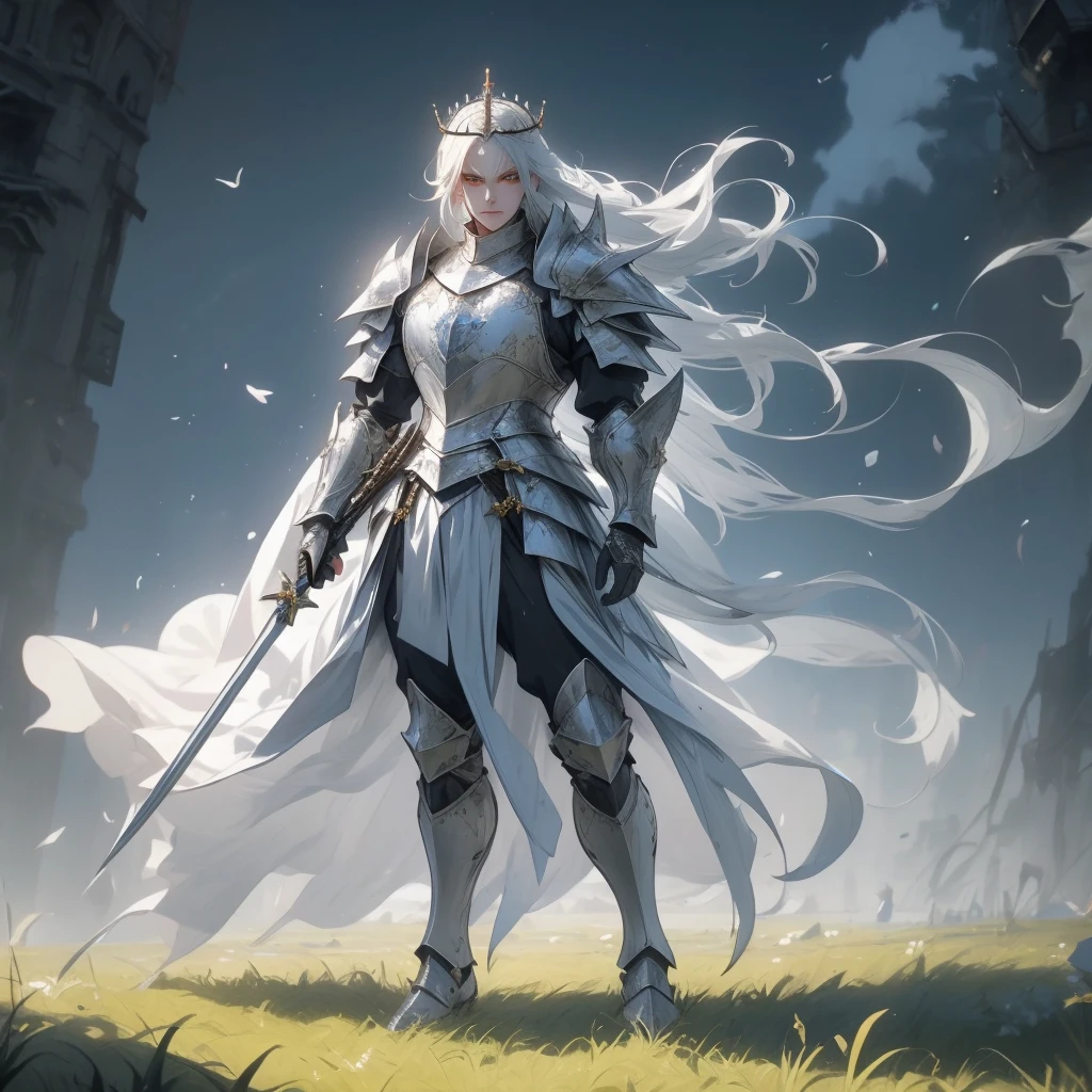 (best quality, high quality) (full body) A knight in dark armor stands in a position that exudes strength outside of a castle. The intricate armor is adorned with gold details and emits a light blue aura. The knight wears a matching crown, and their silver hair flows in the wind. Their face is strikingly beautiful, with piercing yellow eyes that draw attention. The knight holds an ornate spear, The scene is lit with realistic illumination, enhancing the details and atmosphere.