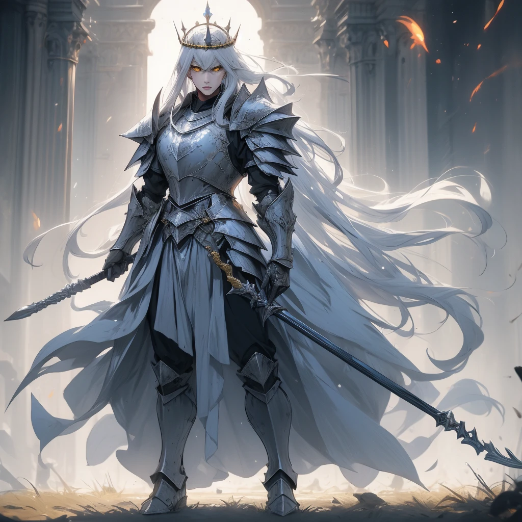 (best quality, high quality) (full body) A knight in dark armor stands in a position that exudes strength outside of a castle. The intricate armor is adorned with gold details and emits a light blue aura. The knight wears a matching crown, and their silver hair flows in the wind. Their face is strikingly beautiful, with piercing yellow eyes that draw attention. The knight holds an ornate spear, The scene is lit with realistic illumination, enhancing the details and atmosphere.