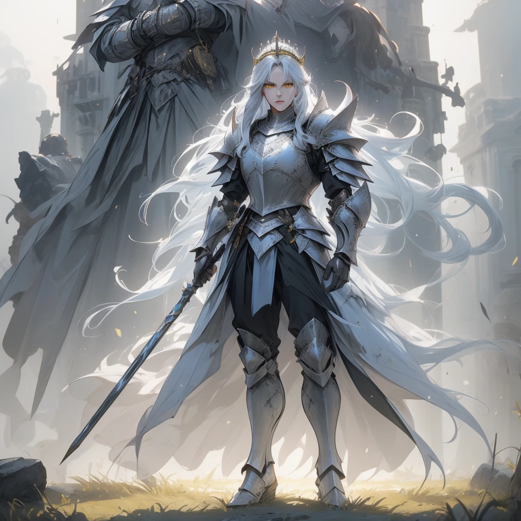 (best quality, high quality) (full body) A knight in dark armor stands in a position that exudes strength outside of a castle. The intricate armor is adorned with gold details and emits a light blue aura. The knight wears a matching crown, and their silver hair flows in the wind. Their face is strikingly beautiful, with piercing yellow eyes that draw attention. The knight holds an ornate spear, The scene is lit with realistic illumination, enhancing the details and atmosphere.