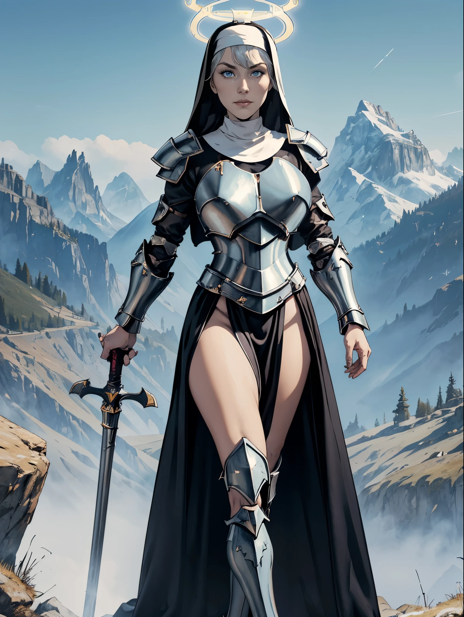 (masterpiece, top quality, best quality, official art, beautiful and aesthetic:1.2), (1girl:1.3), ((Sharp facial features, sharp features, hawkish features)), ((pale skin, blue eyes)), busty paladin knight girl, extremely detailed, portrait, looking at viewer, solo, (full body:0.6), detailed background, full-body shot, (warm mountain meadow theme:1.1), holy knight, (nun), charlatan, smirk, mysterious, swaying in mountains, armor, polished metal, gold trim, long boots, white fabric, pelvic curtain, robe, pale leather, ((((nun, halo, mace, heavy armor, armored, long legs, pelvic curtain, toned, muscular)))), slim waist, slim hips, long legs, medieval (mountain exterior:1.1) background, dark mysterious lighting, shadows, magical atmosphere, dutch angle