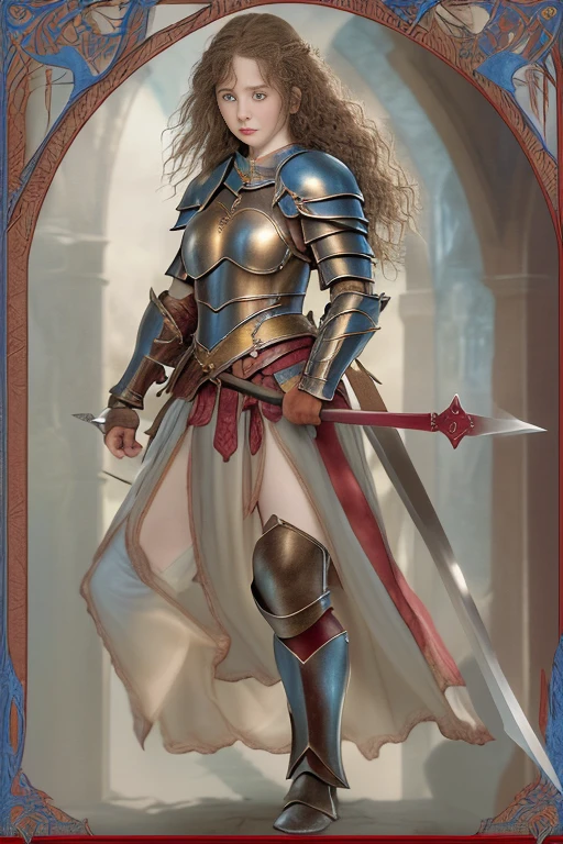 The Lord of the Rings、The Hobbit、Pre-adult female、Brown curly hair、Sensual look、Blue Eyes、Little partner sensual lips、Large Breasts(K-Cup)、Curved waist、Big Ass、Wears red hard leather armor、Her chest is visible through the armor.、Holding a sword in both hands、No background、NSFW