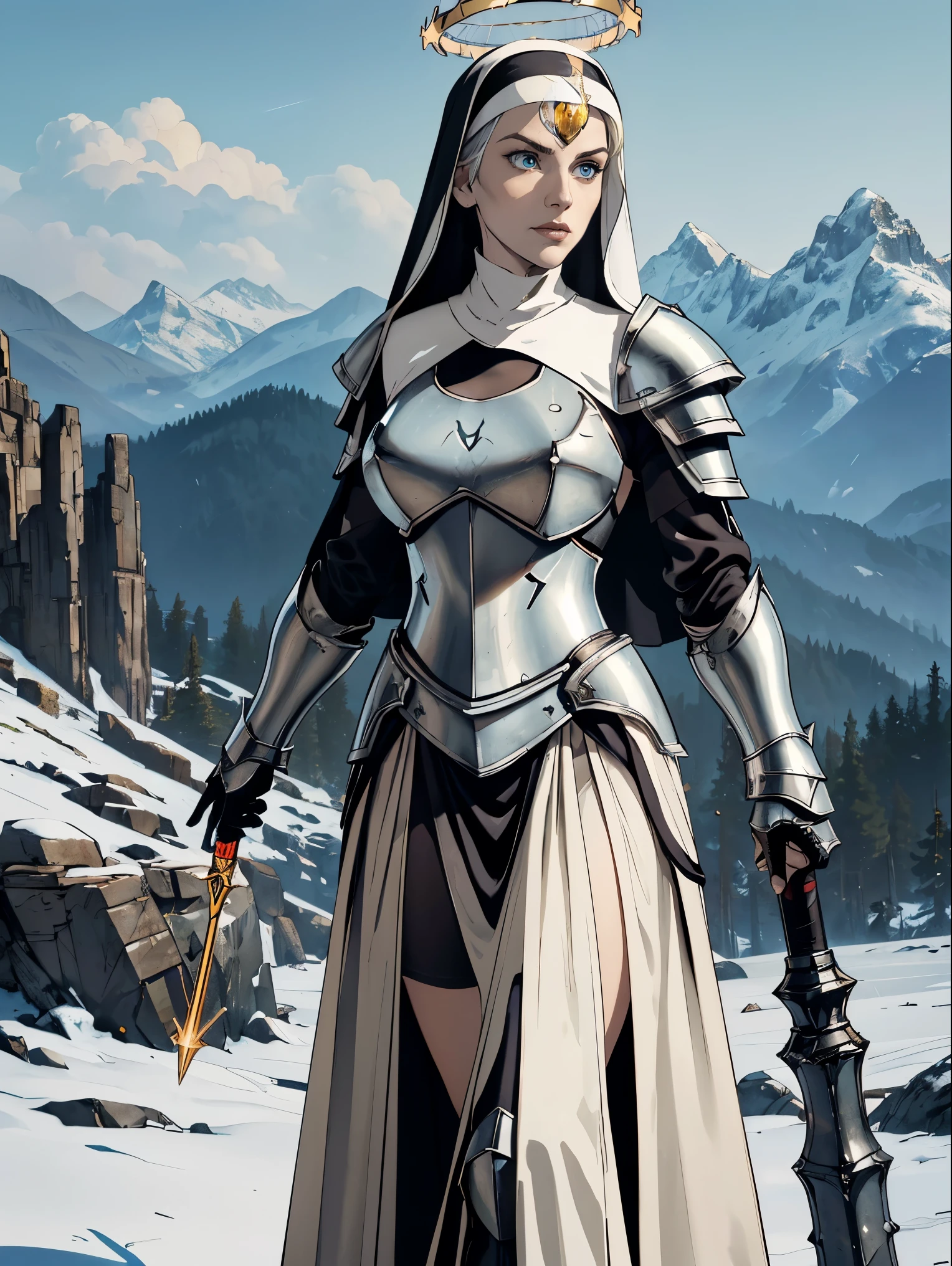 (masterpiece, top quality, best quality, official art, beautiful and aesthetic:1.2), (1girl:1.3), ((Sharp facial features, sharp features, hawkish features)), ((pale skin, blue eyes)), busty paladin knight girl, extremely detailed, portrait, looking at viewer, solo, (full body:0.6), detailed background, full-body shot, (warm mountain meadow theme:1.1), holy knight, (nun), charlatan, smirk, mysterious, swaying in mountains, armor, polished metal, gold trim, long boots, white fabric, pelvic curtain, robe, pale leather, ((((nun, halo, mace, heavy armor, armored, long legs, pelvic curtain, toned, muscular)))), slim waist, slim hips, long legs, medieval (mountain exterior:1.1) background, dark mysterious lighting, shadows, magical atmosphere, dutch angle