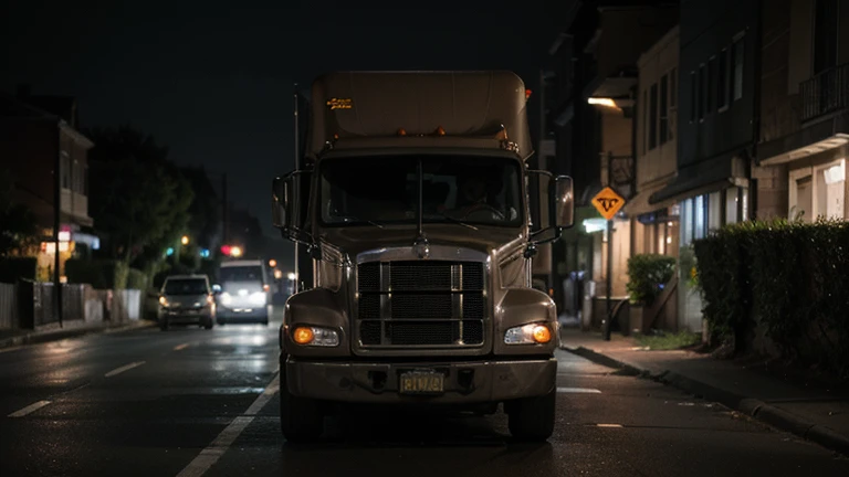 Real photography, in the Night, Creepy, Truck in the middle of the deserted road, feeling of terror and suspense,
200mm, portrait photography, cinematic