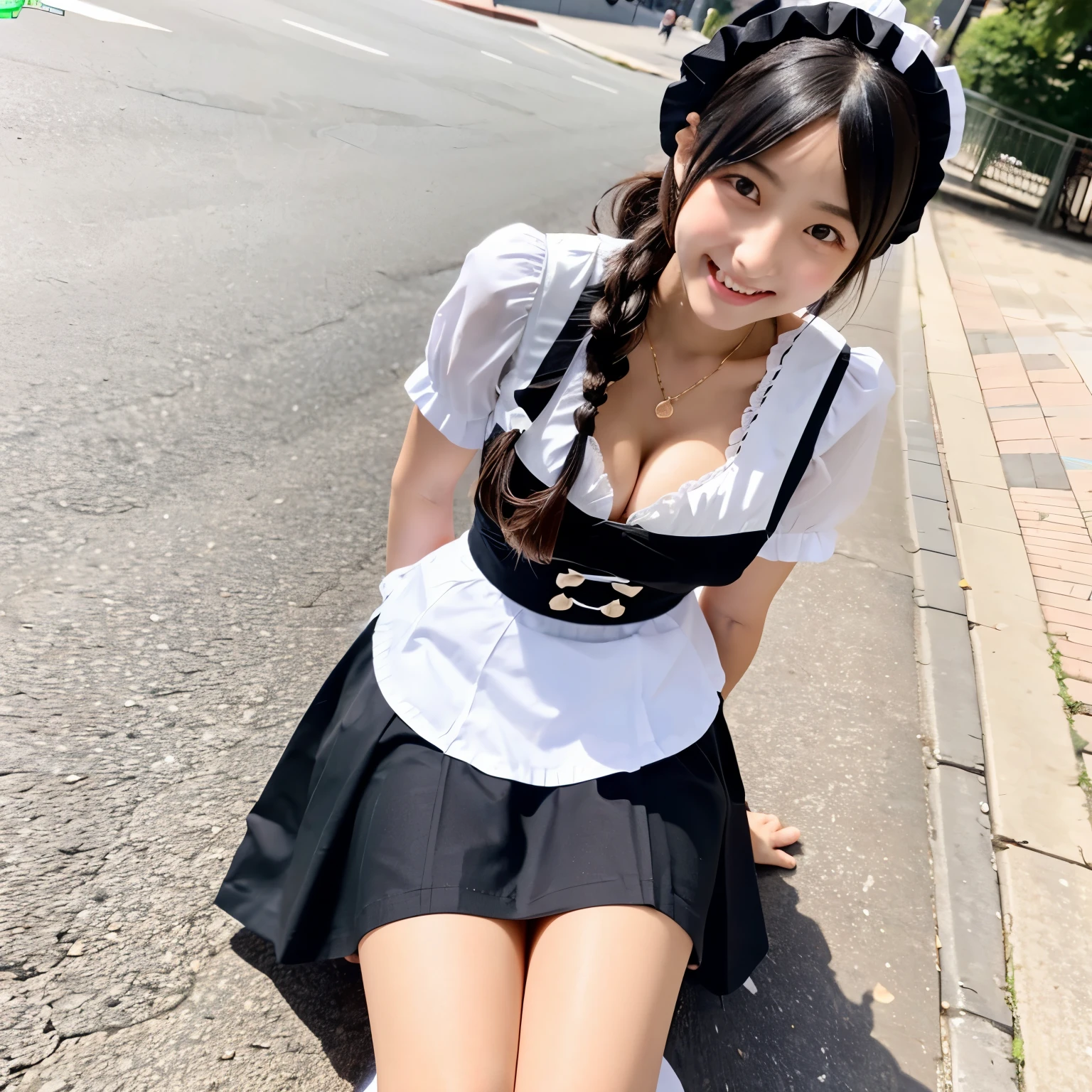 A 20-year-old maid with a cute face like an idol　Smiling Kindly　Maid clothes　mini skirt　Cosplay　Cleavage　Medium size bust　Crouching on the sidewalk, I can see her panties　RAW Photos　Genuine　Real Stick　Raw photo