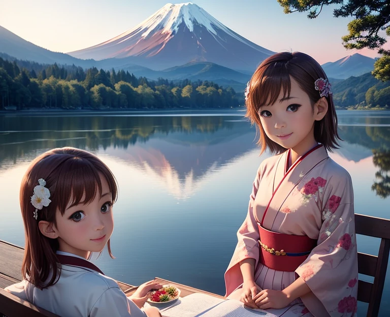 highest quality、Lakeside in front of the mountain、Mt fuji、summer、evening、The sunset sky is beautiful、outside of home、Young girl、Smile on screen、Detailed beauty、picnic、Open the parasol、kimono、taisho roman 