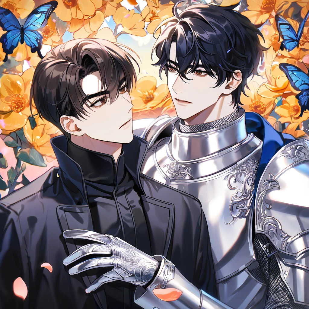 (absurdres, highres, ultra detailed, HDR) master piece, best quality, perfect face, delicated features, black straight hair, with bangs, Kim Dokja x Yoo Joonghyuk, short hair, expressive brown eyes, Omniscient reader's viewpoint, two men together, handsome, gay couple, yaoi, silver armor, blue cape, knight, magical, petals, flowers, butterflies, flowers