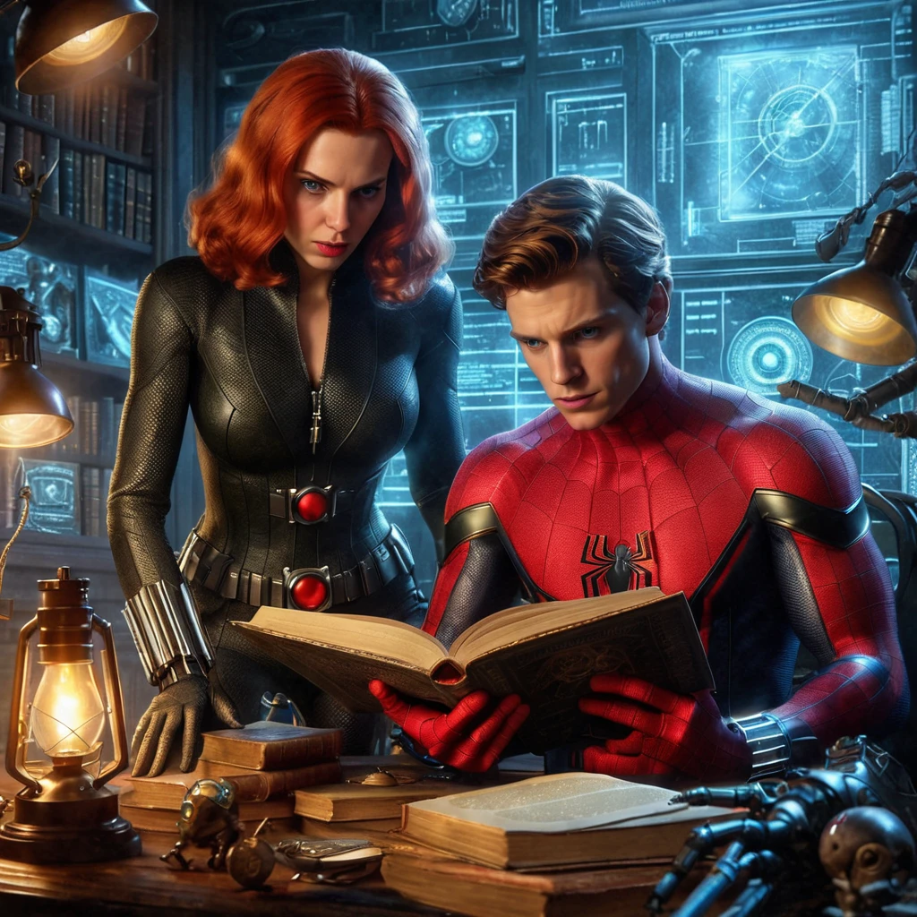 The MILF [Black Widow:Scarlet Johansson:0.1] and [The Spiderman:Tom Holland:0.1], they both ((reads:1.35)) an enigmatic ancient forbidden science book in a secret scientific library, their attention is glued tonthe book, ultrasharp focus, high definition photorealistic, 8k, RAW, masterpiece professional photorealistic color pencil illustration with Don Lawrence style