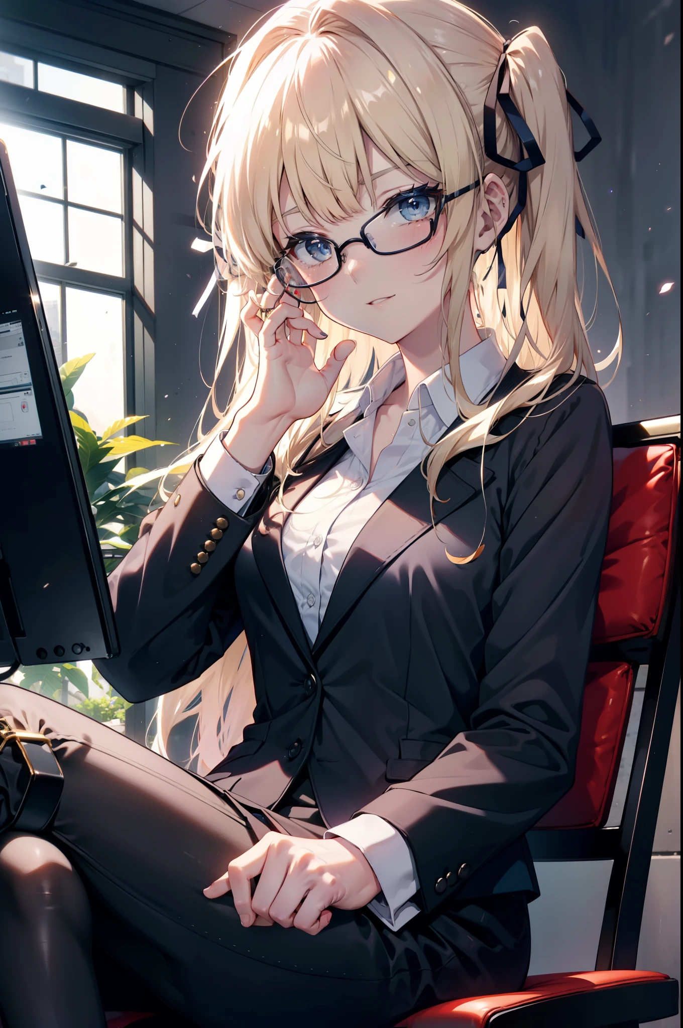 Eliris Penser, eriri sawamura spencer, Blonde Hair, blue eyes, Blunt bangs, Hair Ribbon, Princess Cut, Long Hair, happy smile, smile, Open your mouth,OL, Akagi glasses, Black suit jacket, Collared jacket, White dress shirt, Collared shirt, Neckline, button, Black pencil skirt, Black Pantyhose,Stiletto heels,sit cross-legged on a chair,There is a computer on the table,touch typing,whole bodyがイラストに入るように,sunny,Daytime,
break indoors, オフィス
break looking at viewer, whole body, (Cowboy Shot:1. 5)
break (masterpiece:1.2), highest quality, High resolution, unity 8k wallpaper, (shape:0.8), (Beautiful details:1.6), Highly detailed face, Perfect lighting, Extremely detailed CG, (Perfect hands, Perfect Anatomy),