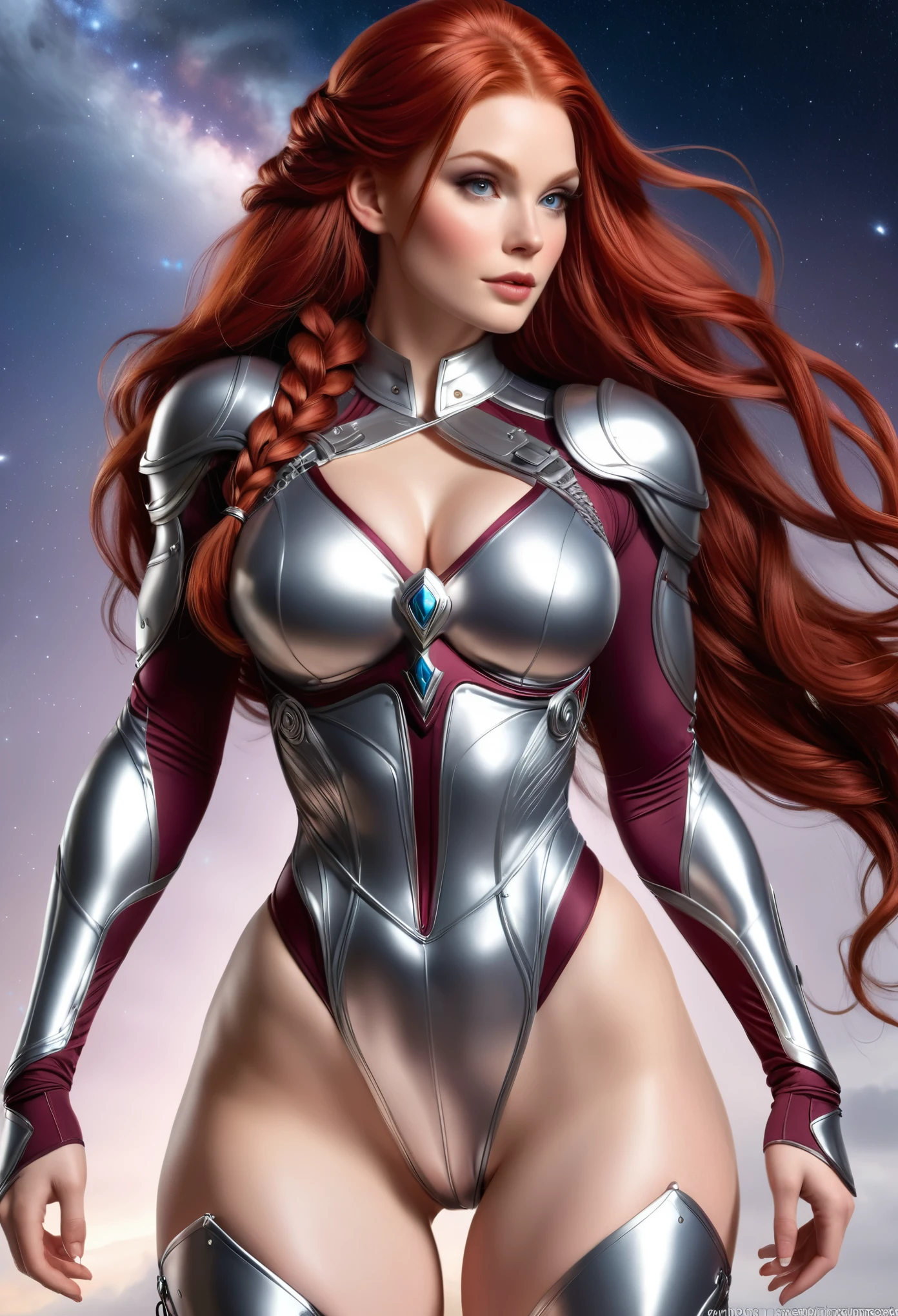 BOMBSHELL RED HAIR VALKYRIE, PALE SKIN, LIGHT GRAY EYES, HIGH CHEEKBONES, ROSY CHEEKS, MENTAL FORAMEN, HUGE LONG HAIR, DOUBLE BRAID HAIR, SILVER THONG LEOTARD ARMOUR, LONG SLEEVES, BORDEAUX UNDER BODYSUIT, NECK BODYSUIT, LONG SILVER GAUNTLETS, ATHLETIC CURVY BODY, DETAILED QUADRICEPS, MUSCLES, SIDE BODY VIEW, FULL BODY PERSPECTIVE, SPRITE LIGHTINGS, NIGHT SKY, ACCURATE IMAGE, MASTERPIECE.