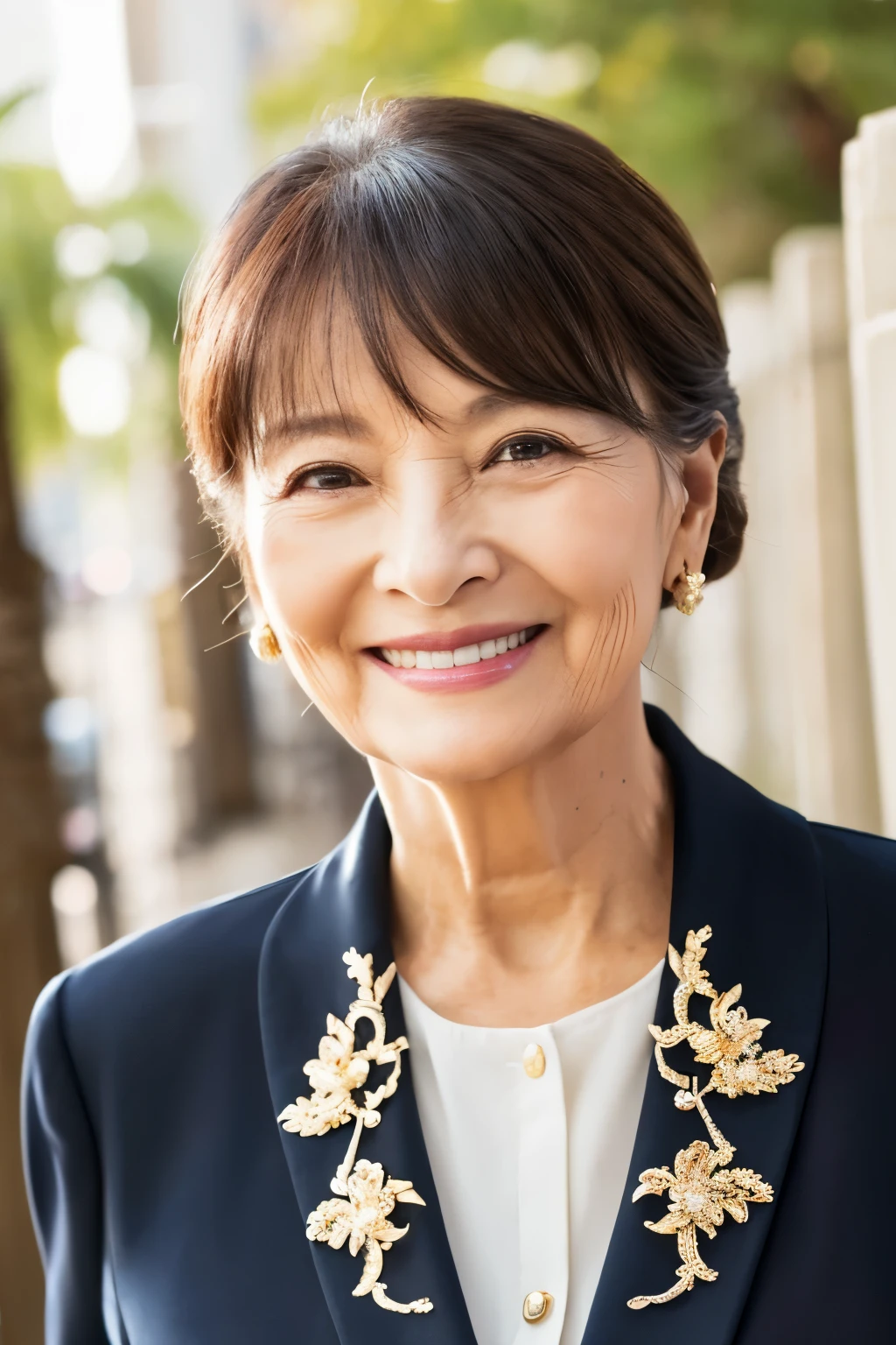 ６7  old、smile、beautiful、high class clothes, classy、Shining eyes、stare、
