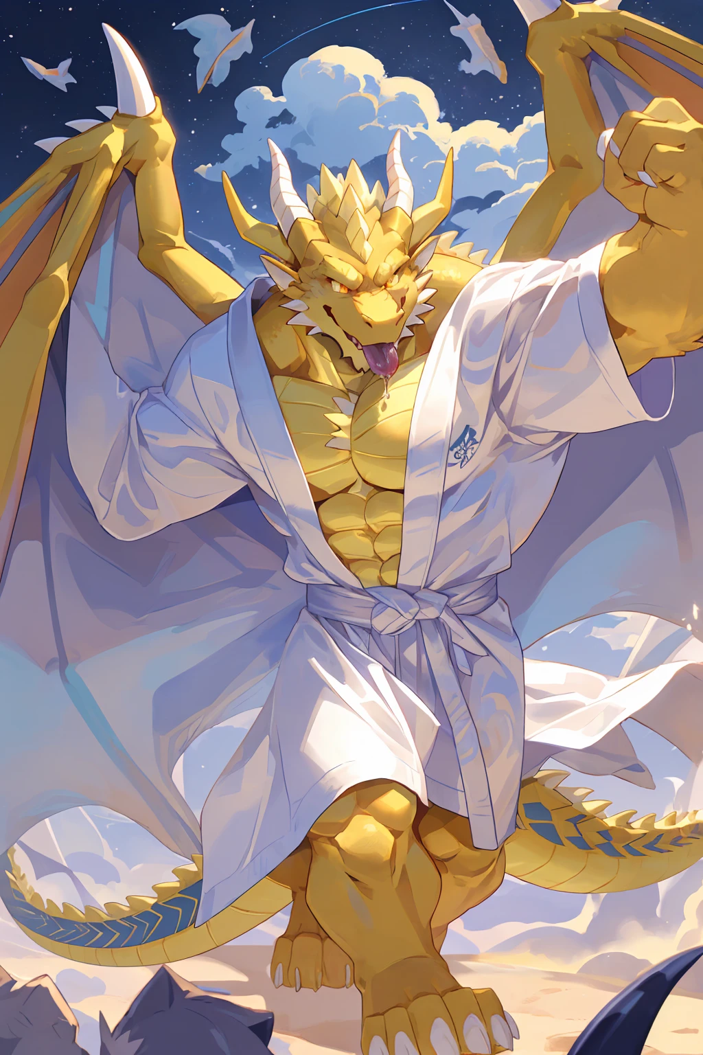 male focus, Handsome 1boy, solitary，protrait photo，single, (White nails, 白色的Dragon Claw:1.3), Long yellow hair, (Yellow dragon wings:1.2), Yellow skin, Yellow dragon tail, (Yellow dragon horn:1.3), Light tattoo, (perfect golden eyes, body of, yellow scales, yellow ear:1.3), 
Western Dragon, dragon, dragon boy, dragon body, feet, (evil eyes, big eyes, large eyes:1.3) , Dragon Tattoo, Dragon Scale, Dragon's foot, Dragon Claw, Bare neck, 
(古希腊White robe, White robe:1.3), Barefoot, (Gold patterned clothes:1.1), 
full body, Mature men, (muscle,Strong male, muscle男, Bare chest muscles:1.1), Red nipples, (Abdominal muscles:1.4), Thick thighs, Standing, (Looking at the audience, Focus, Eyes gaze:1.1), (Slobber, Sticking out tongue, evil smile, evil grin:1.3), (Reaching out to the audience:1.3), 
full background, (Clouds, rainbow, dream, Dreams:1.1),
Mysterious and romantic atmosphere, Caustic lines(refraction, polarization)Perfect anatomical structure, absurd, Detailed background, Delicate eyes,Printing style。（artist:Takemoto Arashi）