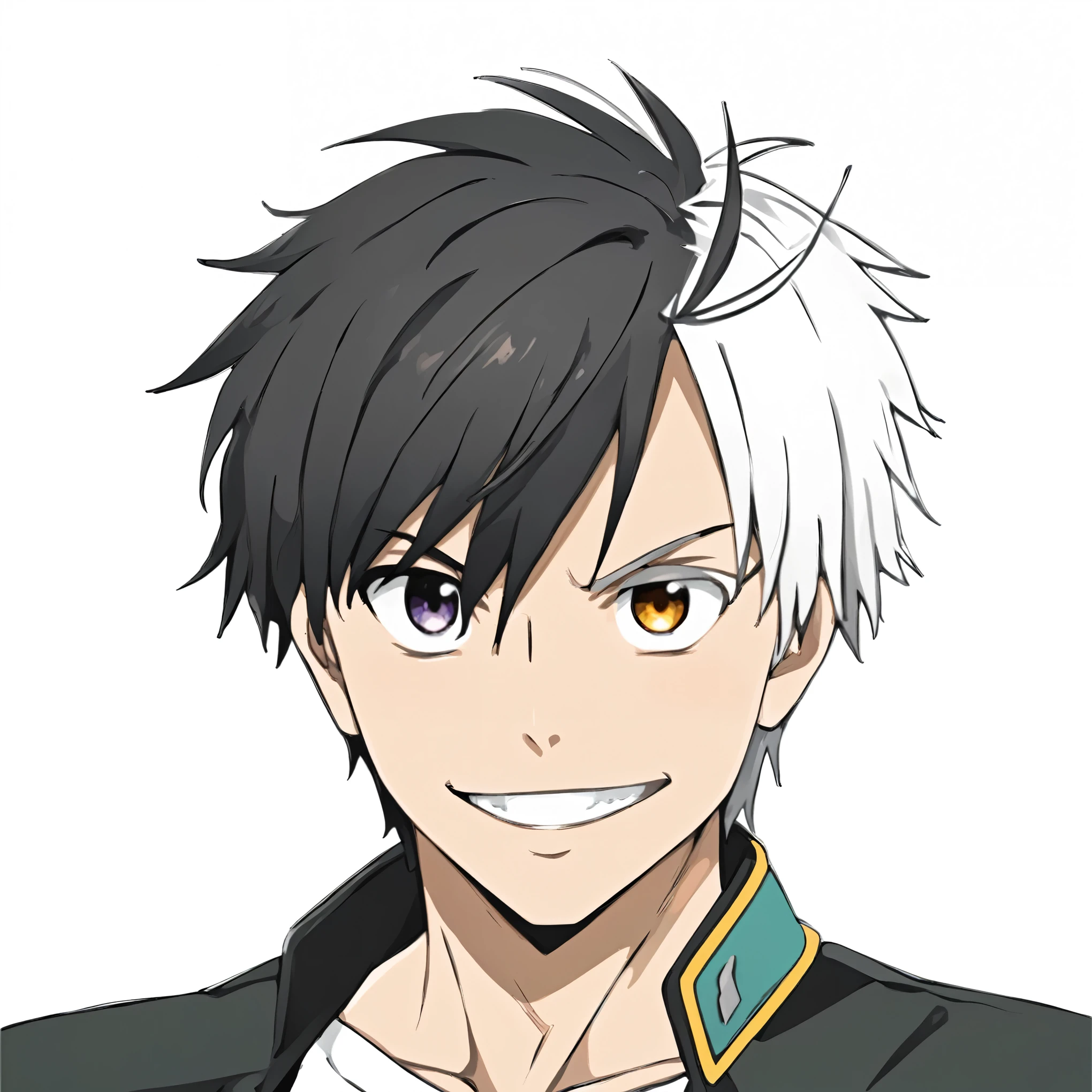 anime guy with white and black hair, black jacket, smiling, heterochromia eyes, anime, thick outlines, black drawing outlines, brown left eye and black right eye, white left eyebrow,