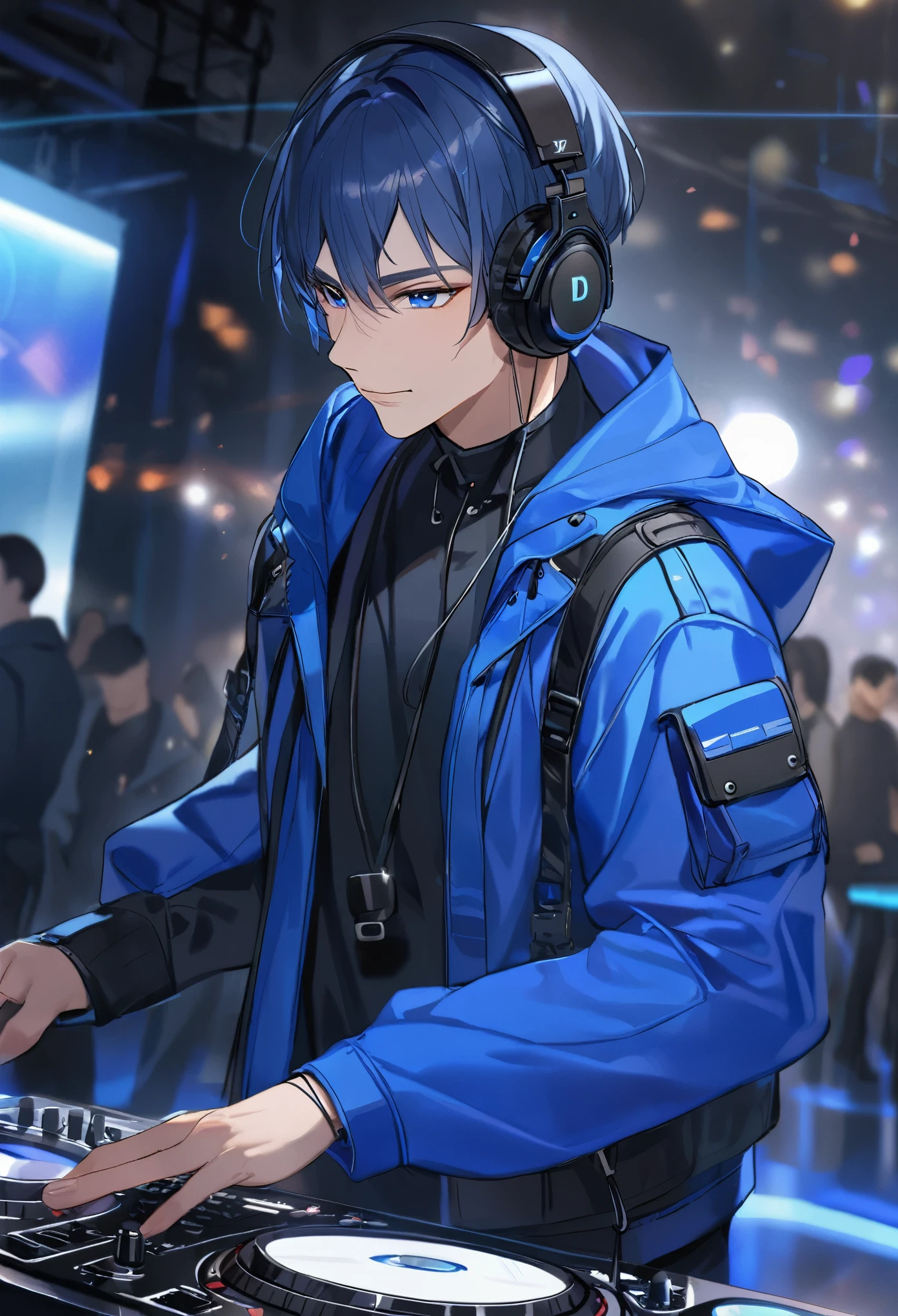 A man from the front lines, high quality, Practical, ultra Practical, Wearing a blue long-sleeved shirt with black details, Hooded, Bright blue eyes, effective, DJ