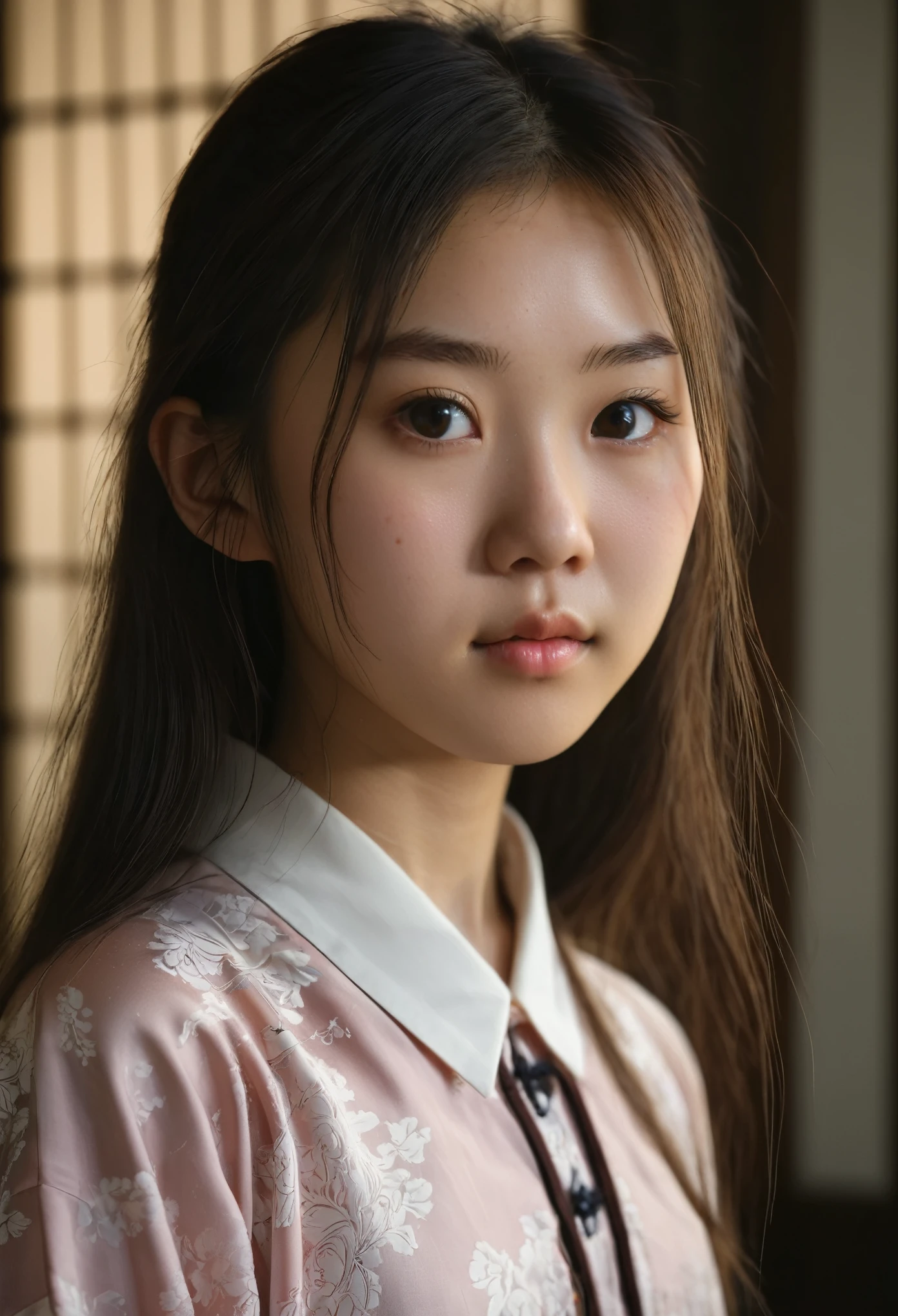best quality, face focus, soft light, ultra high res, (photorealistic:1.4), RAW photo,
1japanese girl, solo, cute, (pupil, lights in the eyes),  detailed beautiful face, (small chest),(high resolution detail of human skin texture),
(long hair),
indoor,
Damask Shirt Dress,
(portrait)