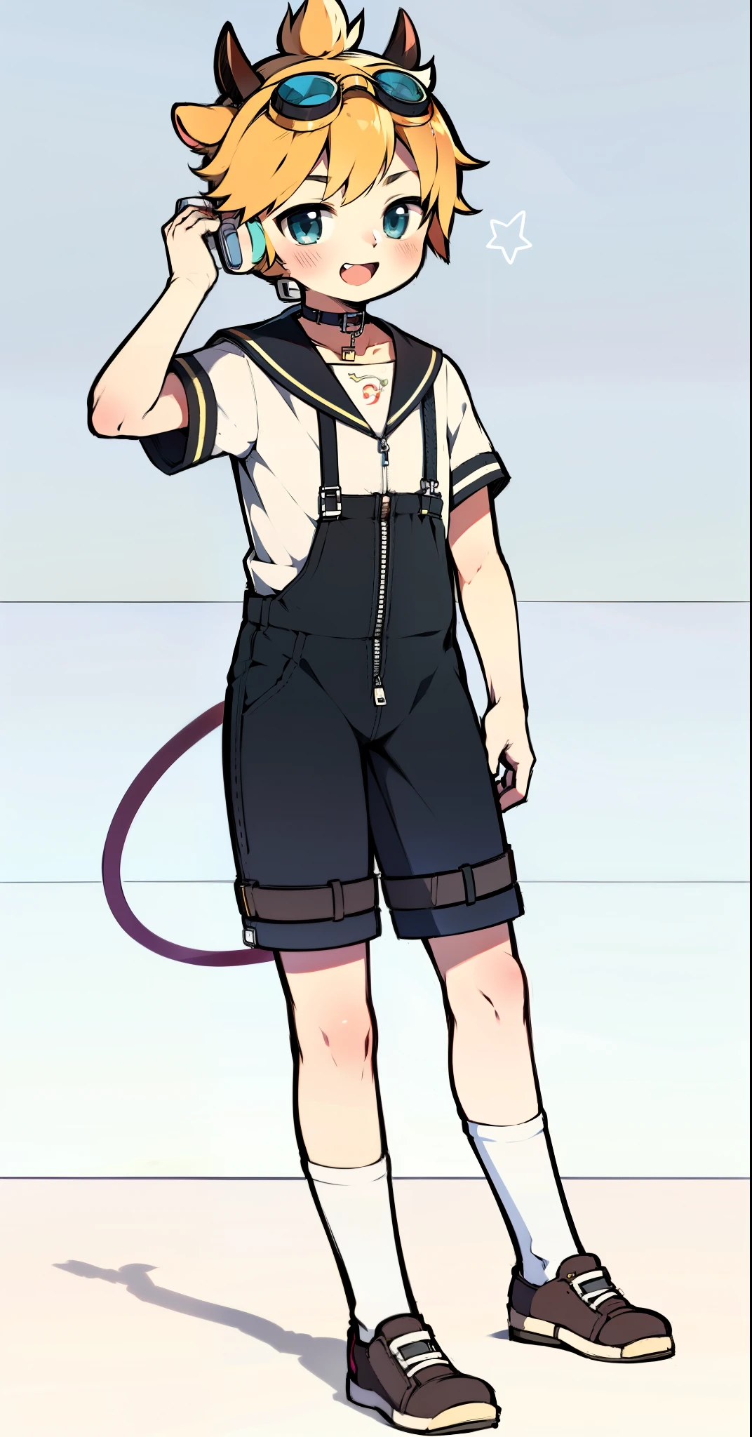 Second dimension boy teenager,Coverall,horn,Cow ears,Put the headphones on your head,stand up,goggles,sports shoes,Slim,Sailor collar,White knee socks,Short sleeve shorts,Leg ring,cute,happy,Zipper pulled down