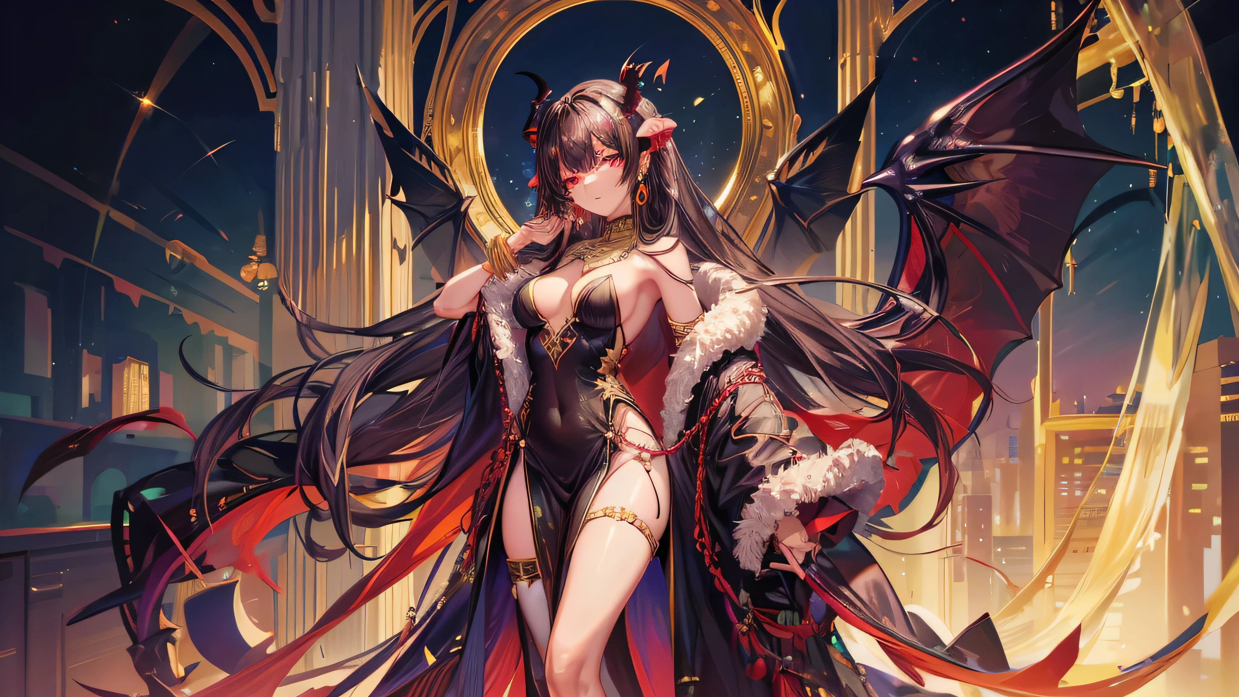 "A seductive succubus with curly black hair, amber eyes, and dark brown skin. She has a fit and elegant figure with African charm, small red horns, and black bat wings. She is wearing a dress with traditional South African patterns in red, green, and gold, featuring a high slit. She is adorned with traditional African jewelry, including necklaces, bangles, and earrings. The succubus occupies most of the frame, standing prominently. The background is a South African landscape, such as Cape Town's Table Mountain or a wildlife reserve, or a modern Johannesburg night scene with skyscrapers and neon lights."