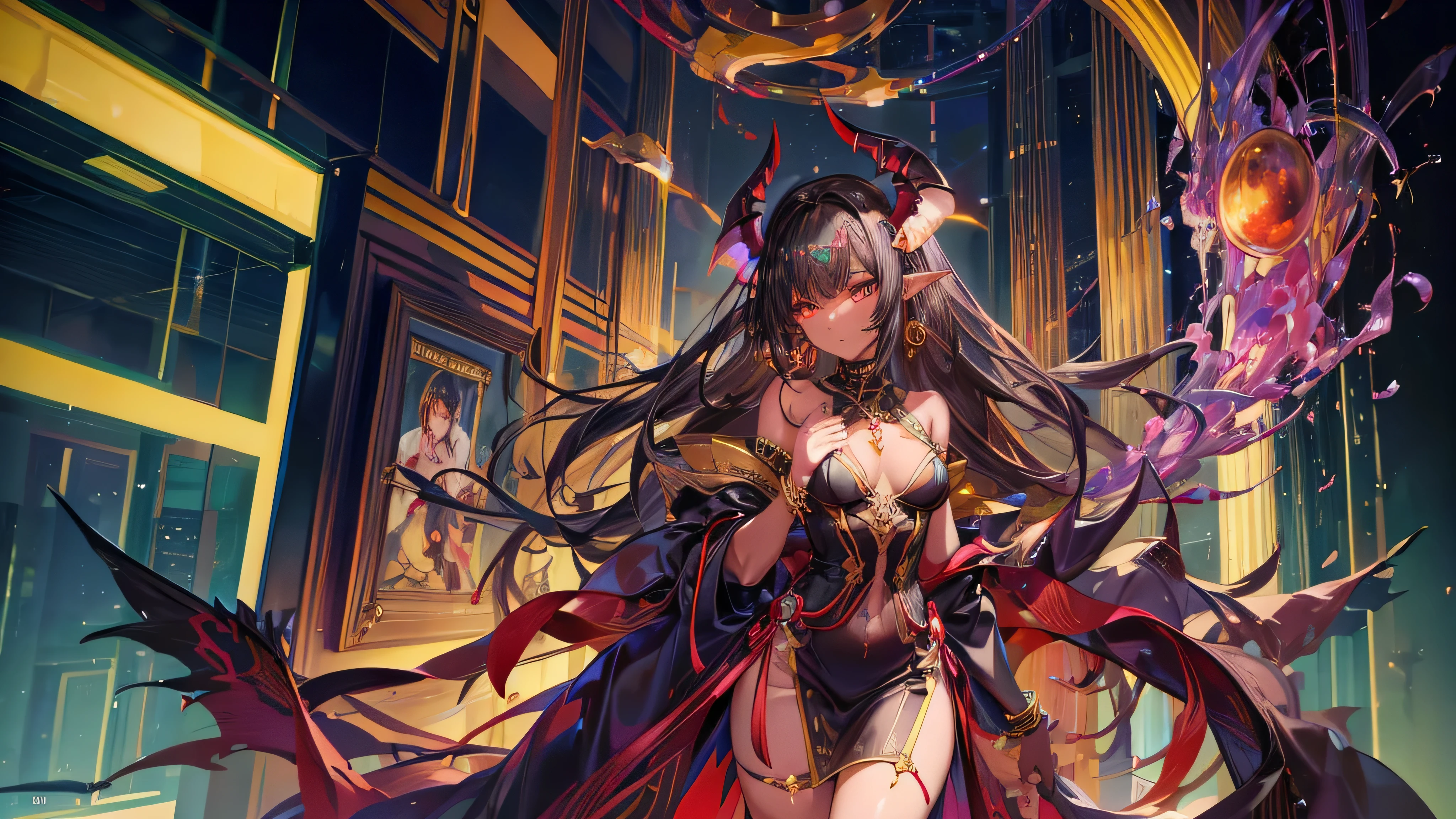 "A seductive succubus with curly black hair, amber eyes, and dark brown skin. She has a fit and elegant figure with African charm, small red horns, and black bat wings. She is wearing a dress with traditional South African patterns in red, green, and gold, featuring a high slit. She is adorned with traditional African jewelry, including necklaces, bangles, and earrings. The succubus occupies most of the frame, standing prominently. The background is a South African landscape, such as Cape Town's Table Mountain or a wildlife reserve, or a modern Johannesburg night scene with skyscrapers and neon lights."