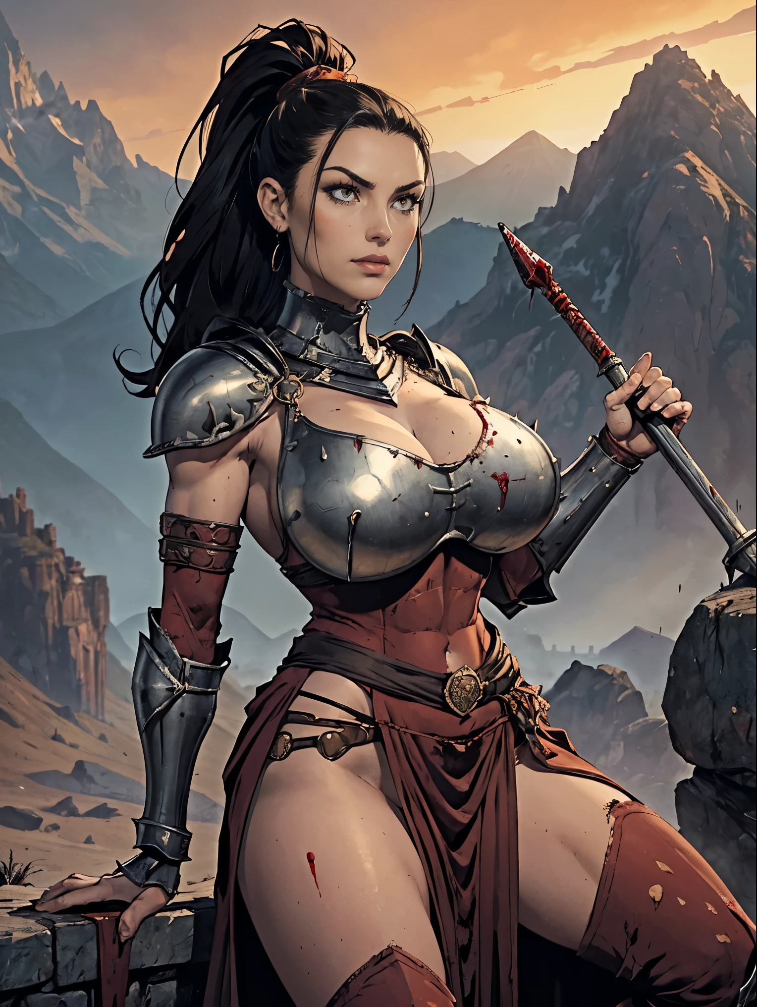 (masterpiece, top quality, best quality, official art, beautiful and aesthetic:1.2), (1girl:1.3), ((Sharp facial features, sharp features, hawkish features)), ((pale skin, orange eyes, big hair, long black hair, ponytail)), big tiddy chaos warrior girl, extremely detailed, portrait, looking at viewer, solo, (full body:0.6), detailed background, full-body shot, (hot desert mountain theme:1.1), chaos warrior, (spiky helmet), charlatan, smirk, mysterious, swaying in mountains, armor, red metal, brass trim, long boots, blood red fabric, pelvic curtain, loincloth, black leather, ((((spear, heavy armor, blood, blood splatter, armored, gigantic breasts, long legs, pelvic curtain, toned, muscular)))), cute belly button, toned tummy, slim waist, slim hips, long legs, medieval (mountain exterior:1.1) background, dark mysterious lighting, shadows, magical atmosphere, dutch angle