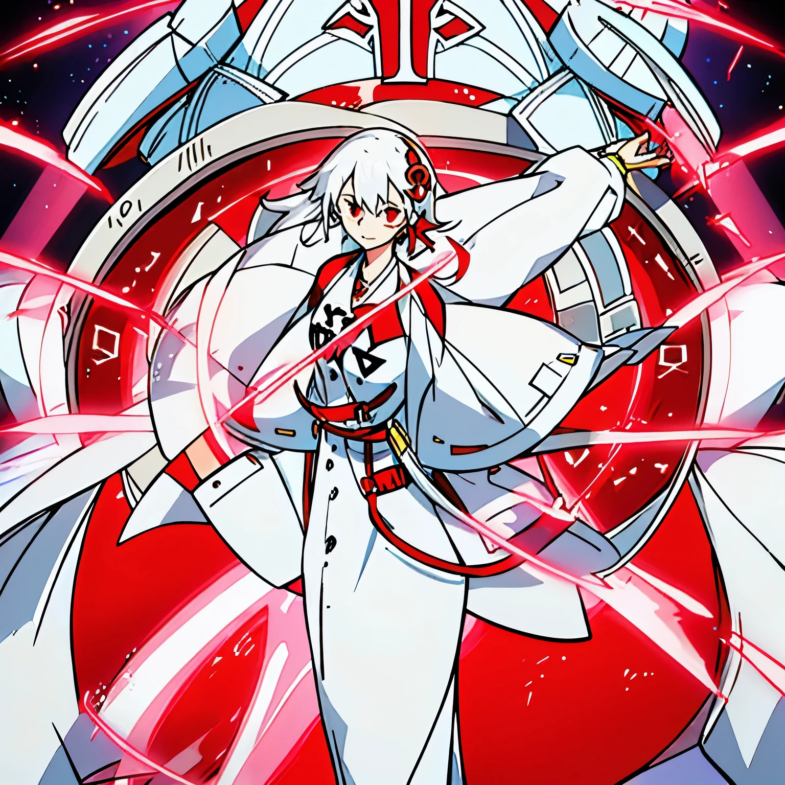 A woman, Long white clothing, red and circular rune drawn in the center of the clothing, red electrical energy around