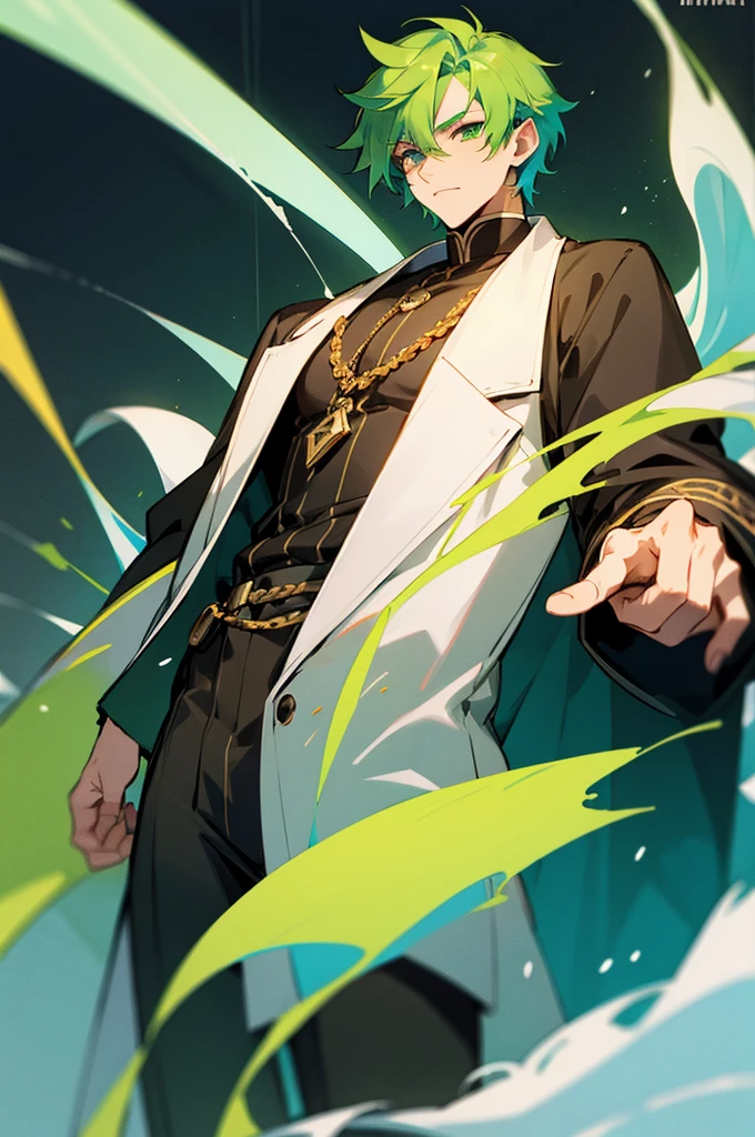 short colorful haired, green eyed, male, genderfluid, wizard, imposing, loose clothing, 2d game character, Character sprite, Visual novel, dating sim